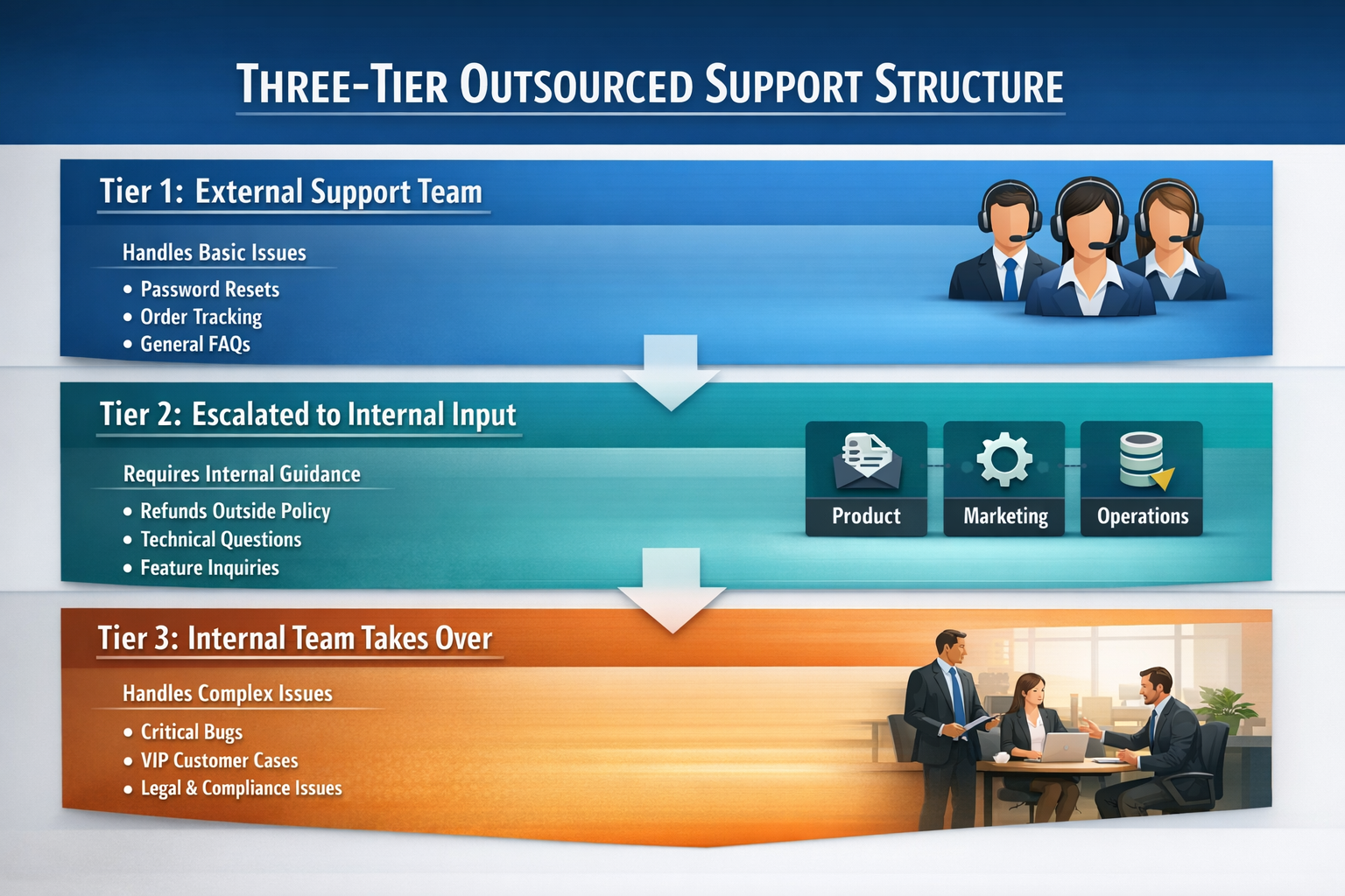 Three-tier outsource support team roles structure showing issue categorization Diagram showing three-tier outsource support team roles structure with examples of issues for each tier