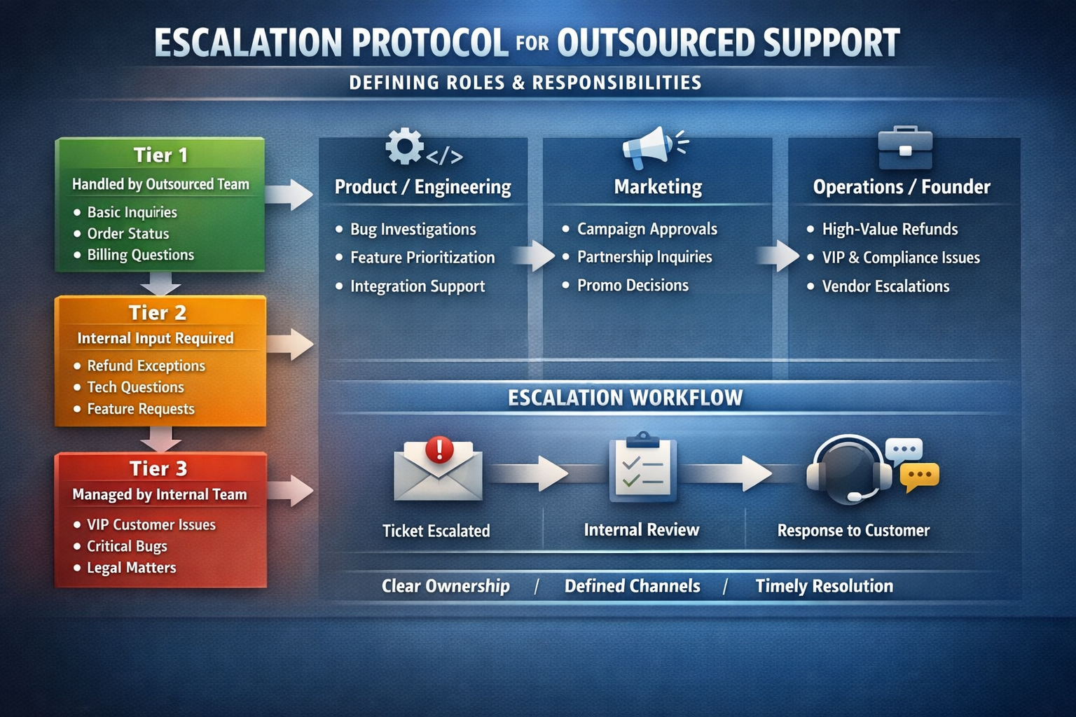 Support escalation protocol workflow for outsource support team roles Flowchart displaying escalation protocol workflow defining outsource support team roles and responsibilities