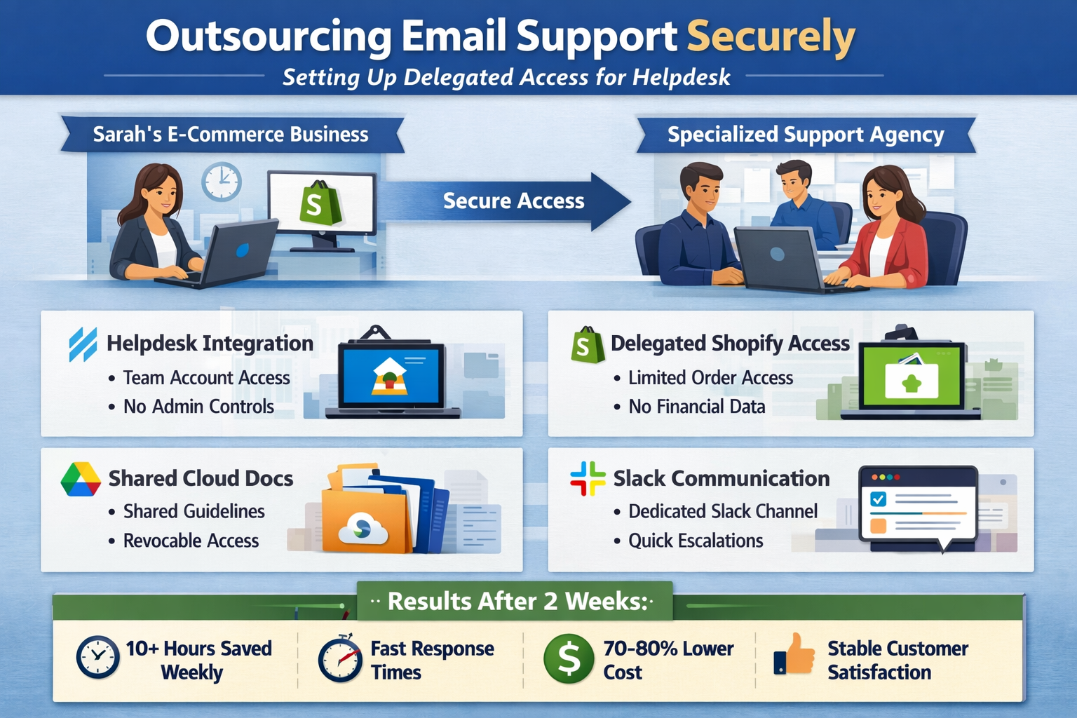 Secure Setup Process for Outsourcing Email Support Systems Screenshot showing secure delegated access setup for outsourcing email support through helpdesk