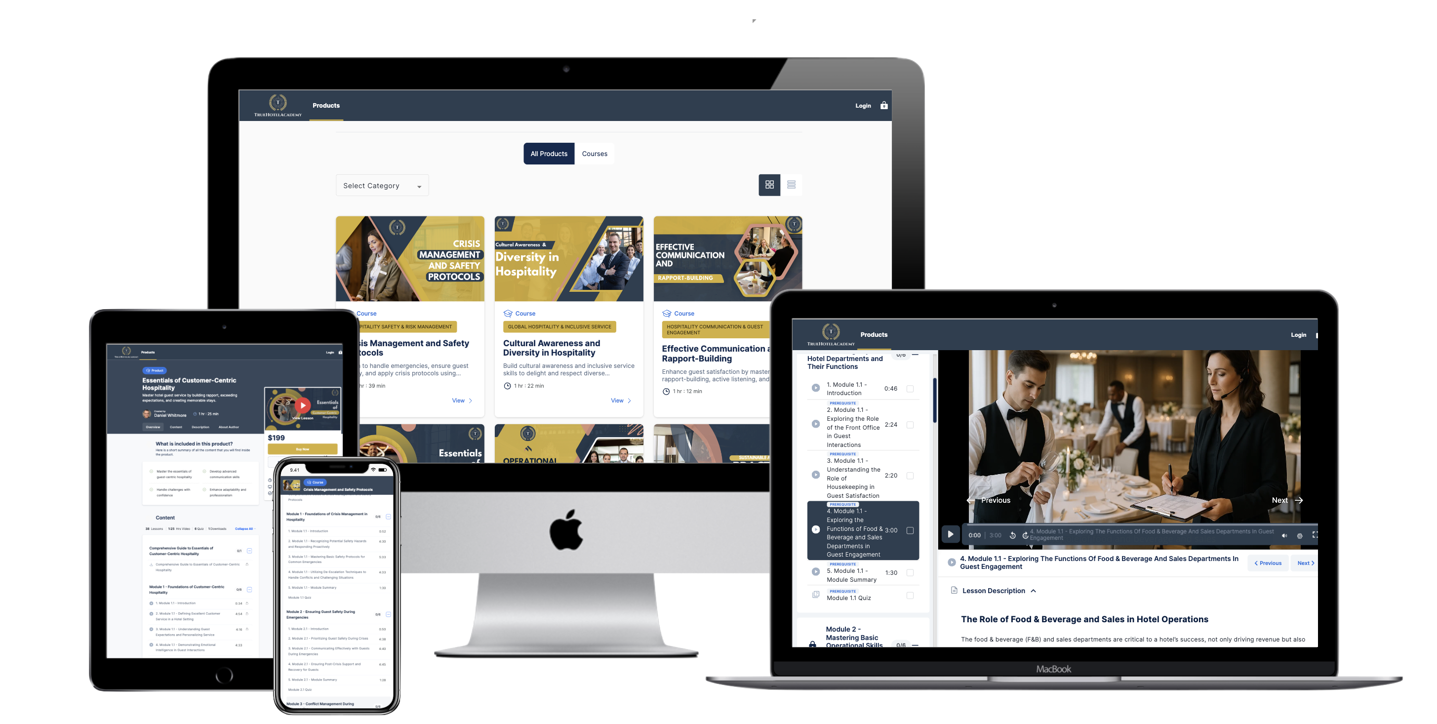 True Hotel Academy online hospitality training platform displayed across desktop, tablet, and mobile devices