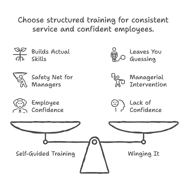 A diagram comparing the benefits of structured training versus 'winging it', depicted by a balance scale. The title reads 'Choose structured training for consistent service and confident employees.' On the left pan, labeled 'Self-Guided Training', the benefits listed are 'Builds Actual Skills', 'Safety Net for Managers', and 'Employee Confidence'. This side of the scale is lower, indicating its weight. On the right pan, labeled 'Winging It', the drawbacks listed are 'Leaves You Guessing', 'Managerial Intervention', and 'Lack of Confidence'. This side of the scale is higher, indicating less benefit.