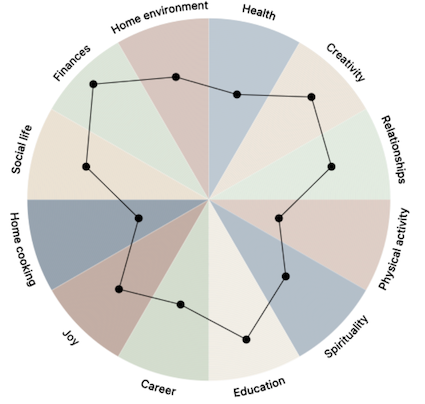 A Wheel of Life diagram, a circular chart divided into 12 segments representing different life areas: Home environment, Health, Creativity, Relationships, Physical activity, Spirituality, Education, Career, Joy, Home cooking, Social life, and Finances. Each segment is colored in pastel shades, and a black line connects points within each segment, indicating varying levels or scores for each area, forming an irregular polygon across the wheel.