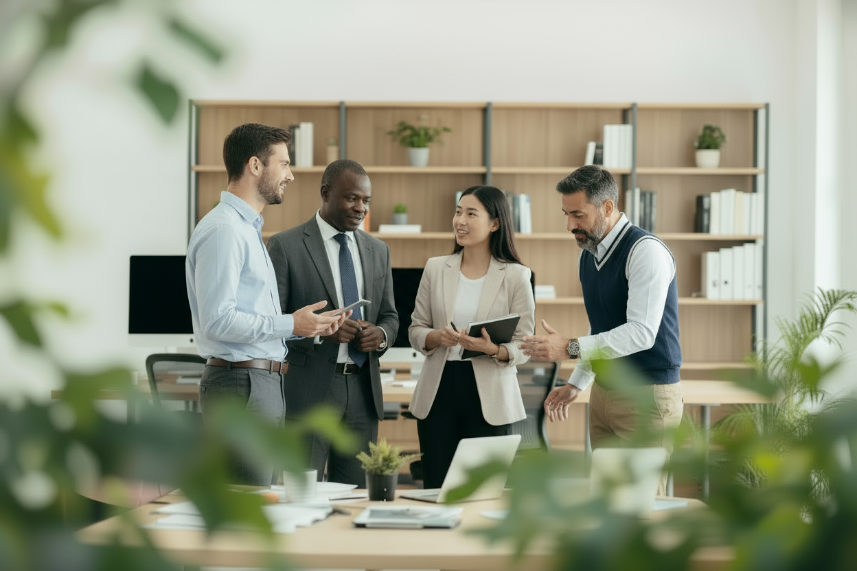 A group of people having a discussion. 
