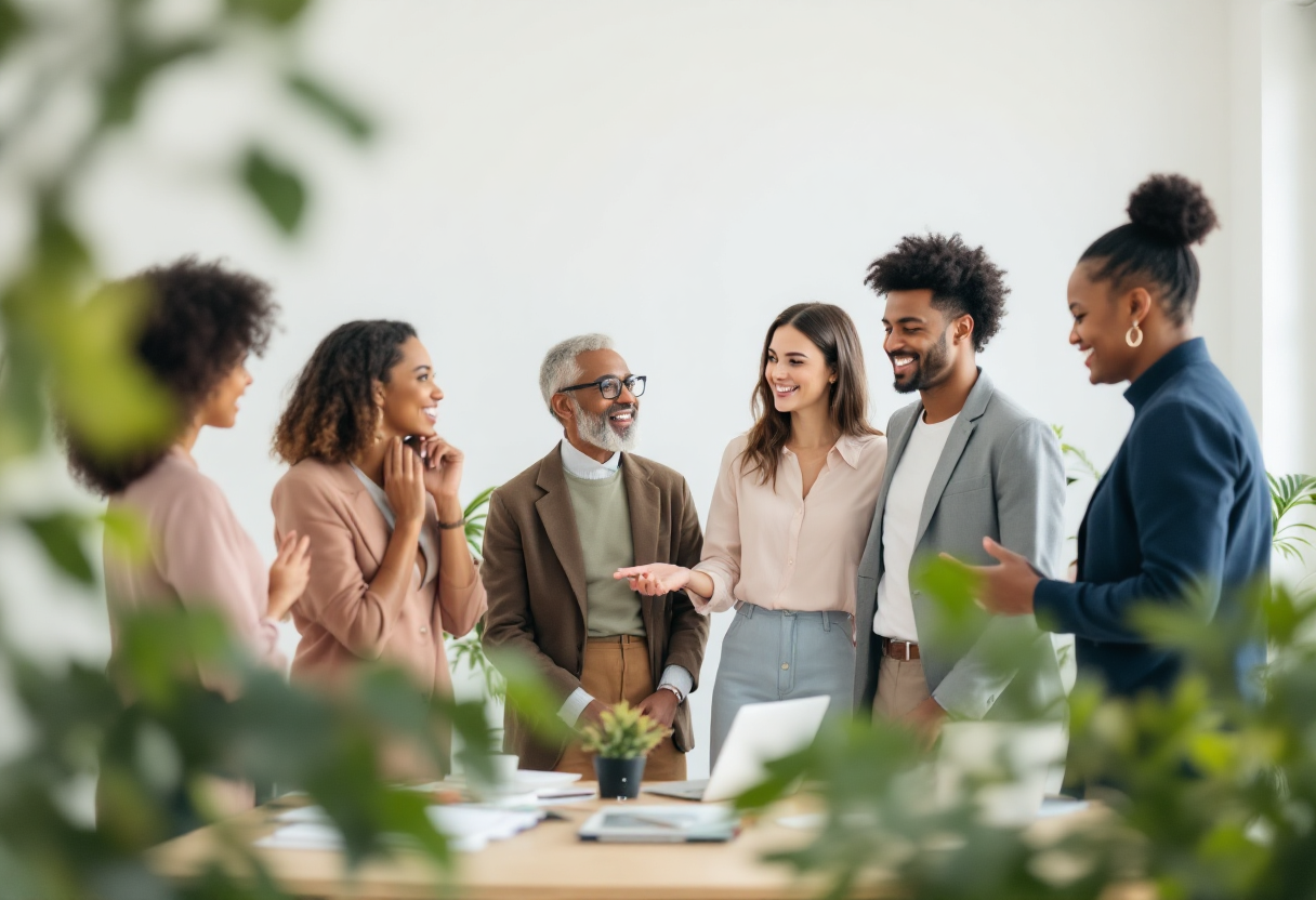 A group of diverse people in the workplace.