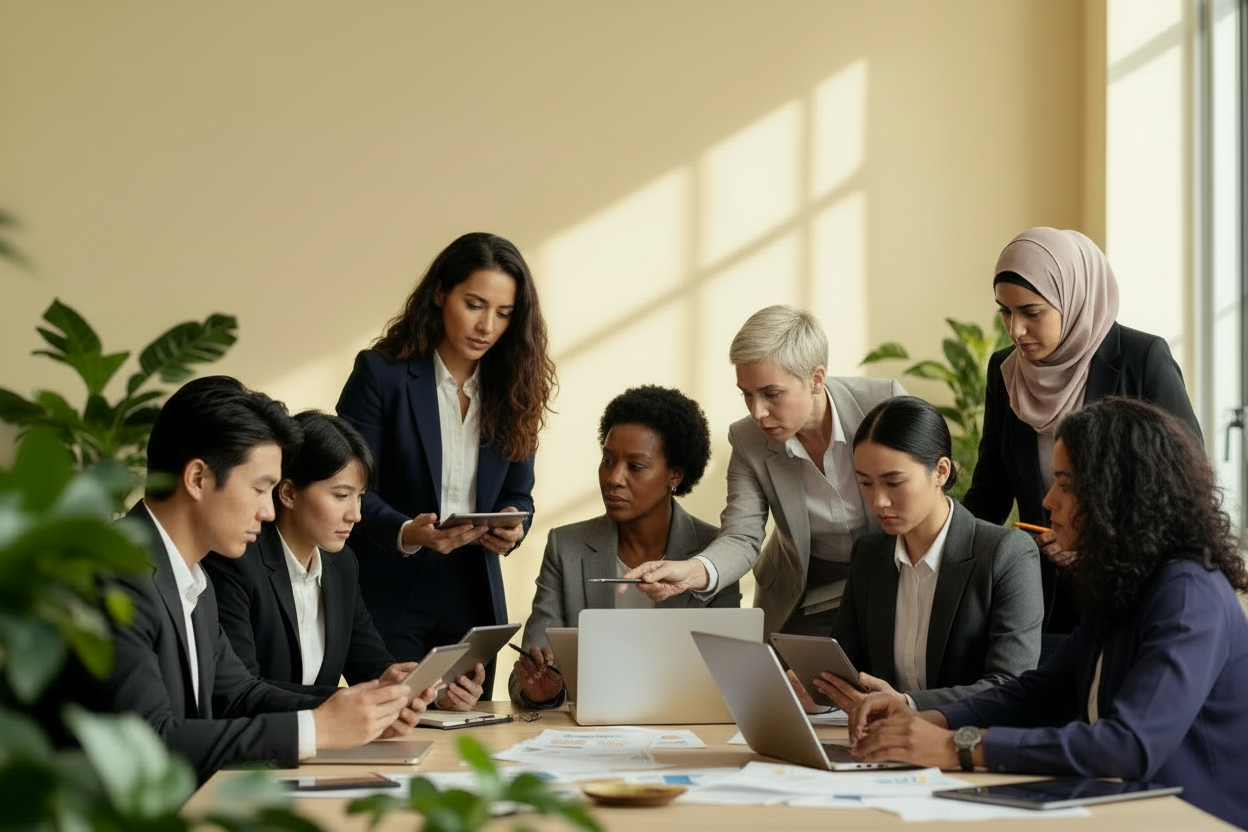 A group of professionals talking around the table.