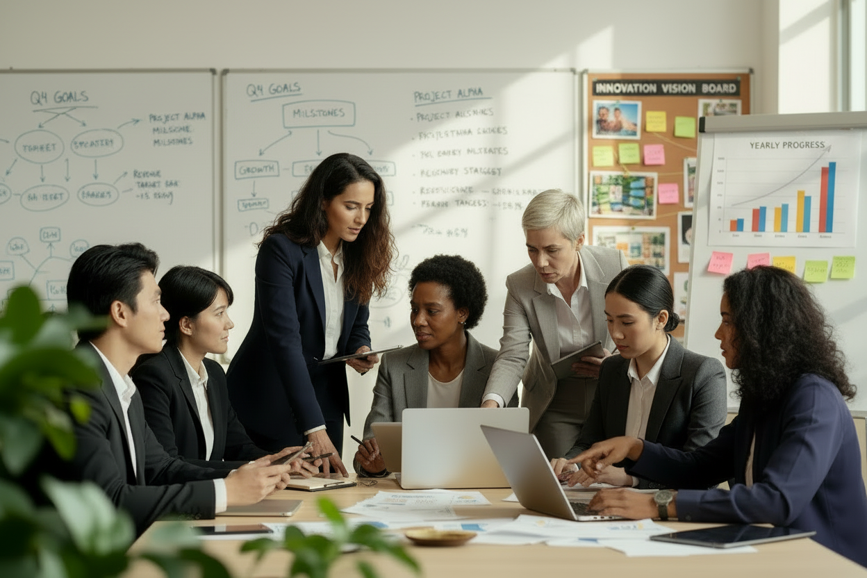 Co-workers around the table discussing goals for 2026.