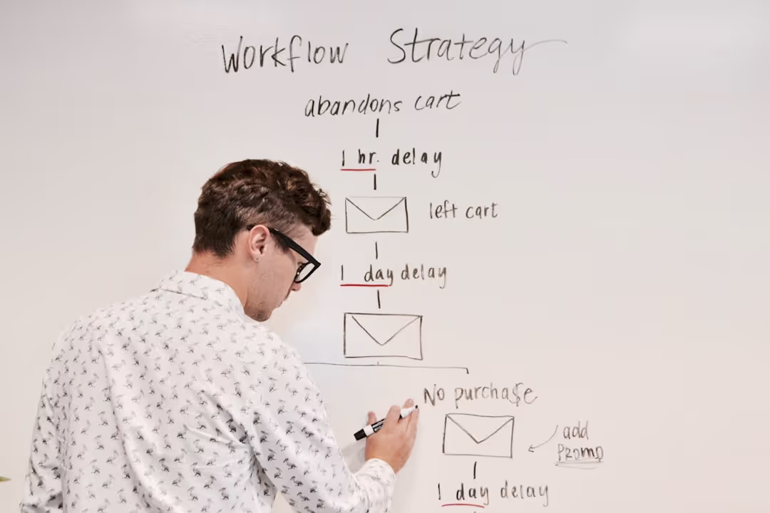 A businesswoman drawing a complex strategy diagram