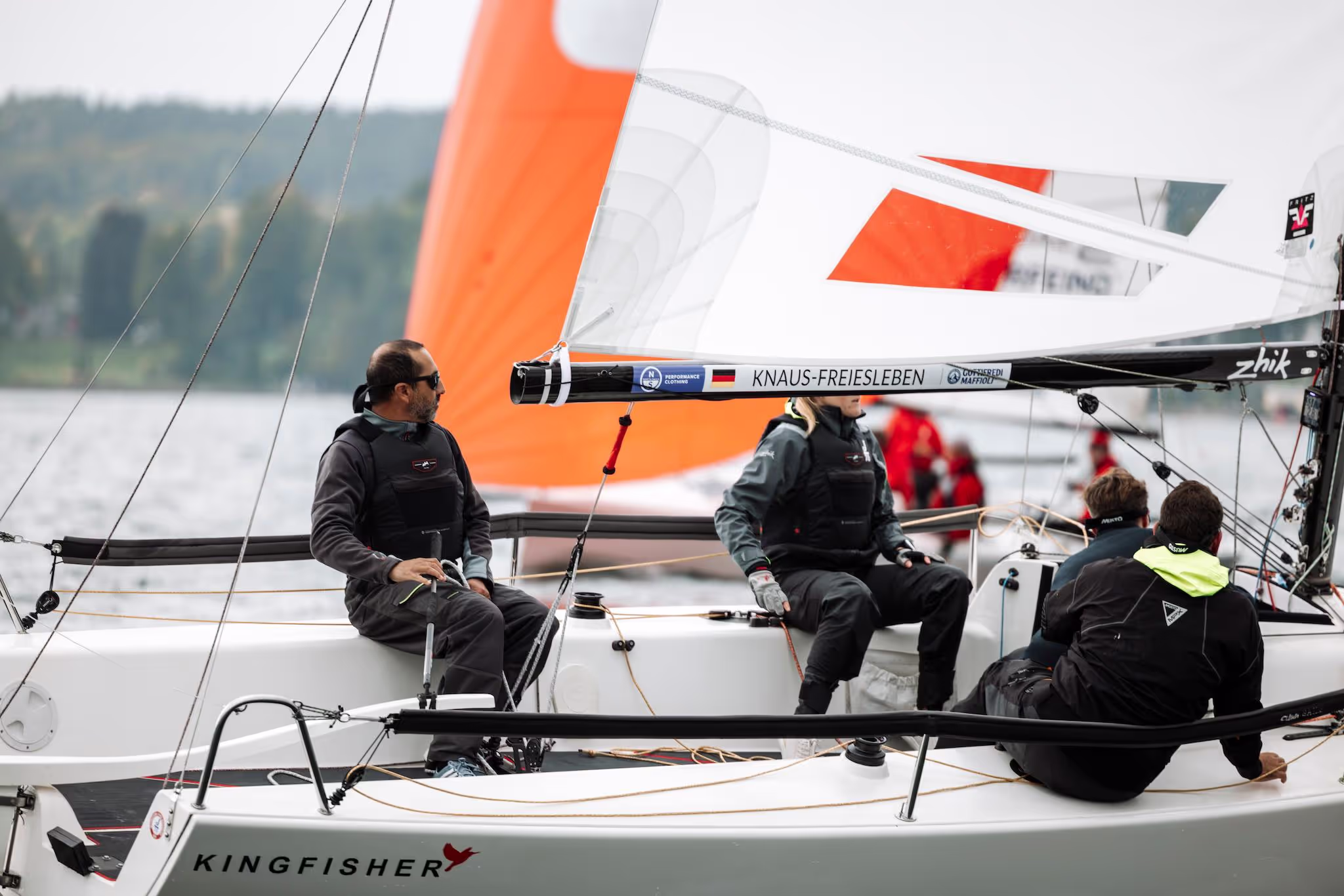 Fernando Borja steering a J/70 yacht during the Oktoberfestpreis regatta at Starnberger See, Bavaria.