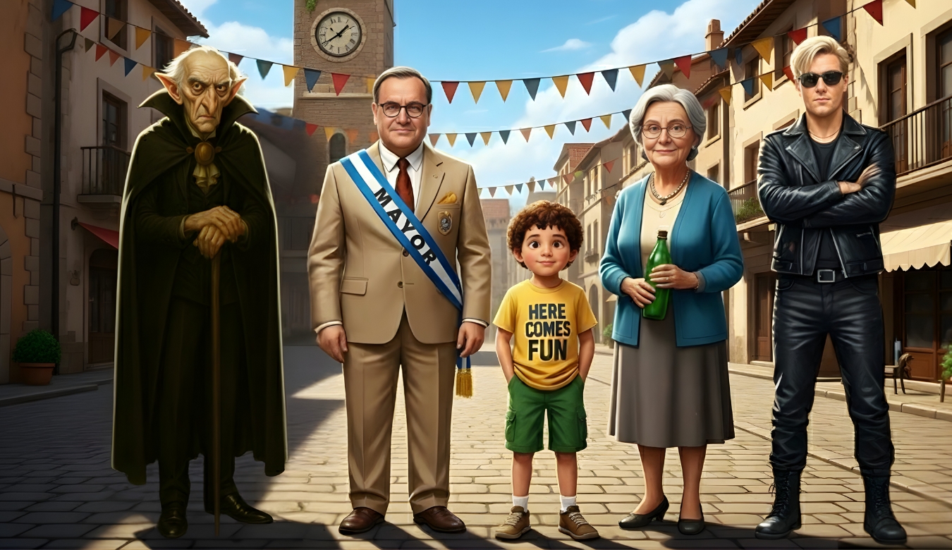 A digital illustration showing the five main characters of Dracula Goes Viral standing in the sunny town square of Valcronis. From left to right: Count Dracula, an old vampire in a dramatic black cape
