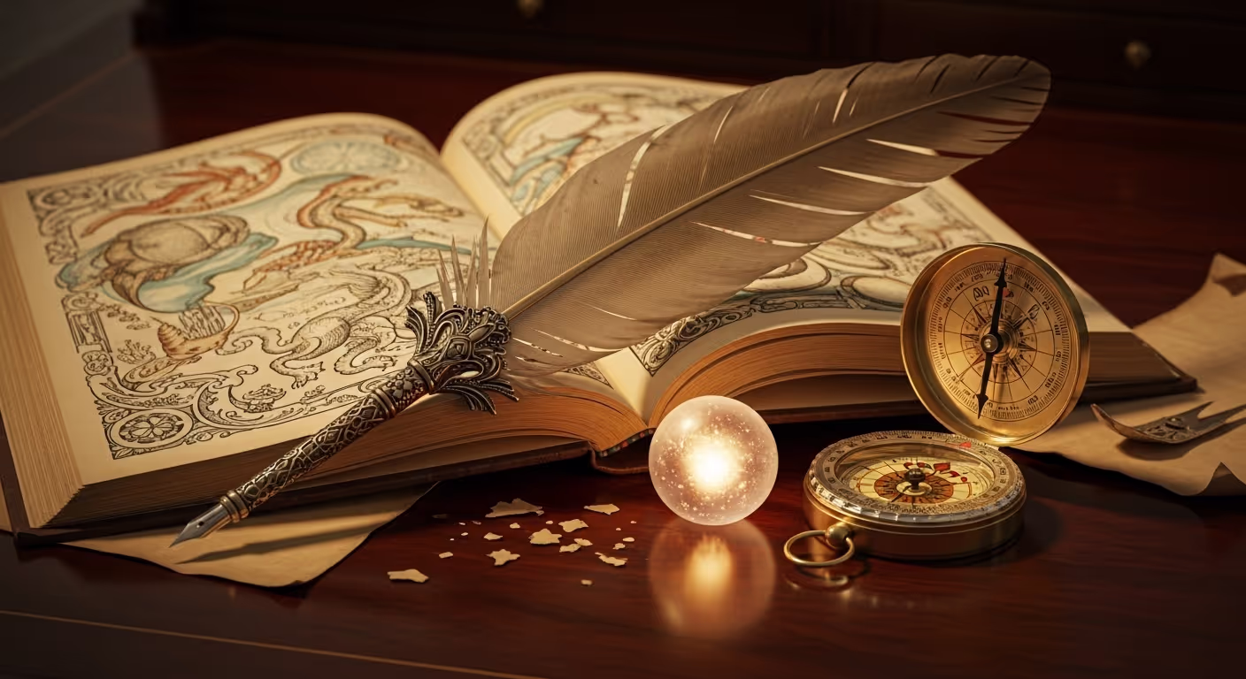 A magical writer's desk symbolizing the world of A.M. Natch, featuring an open storybook, a glowing orb, a quill, and an adventurer's compass.