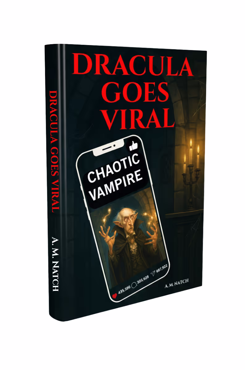 The book cover of Dracula Goes Viral by A.M. Natch, featuring a chaotic vampire taking a selfie on a smartphone.