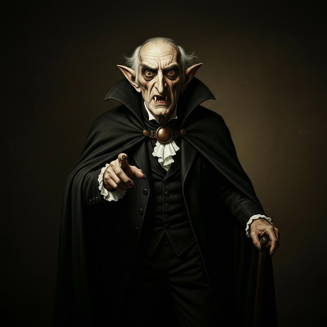 A high-detail portrait of an angry Count Dracula in a black cape pointing his finger forward, representing ancient dignity vs. modern frustration.