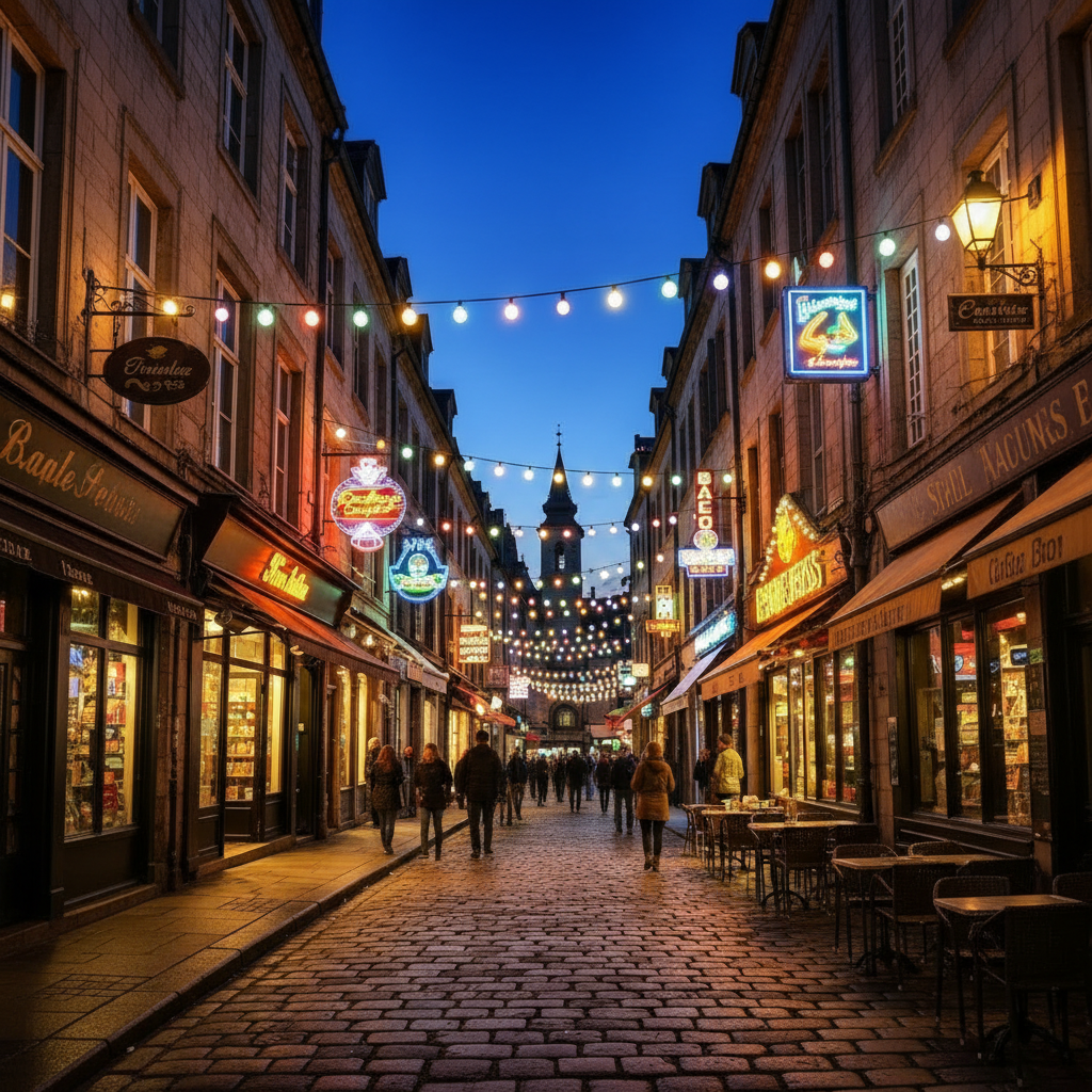 A busy cobblestone street in Valcronis at night with neon signs for 'Dracula's Souvenirs' and crowds of tourists holding glowing smartphones.