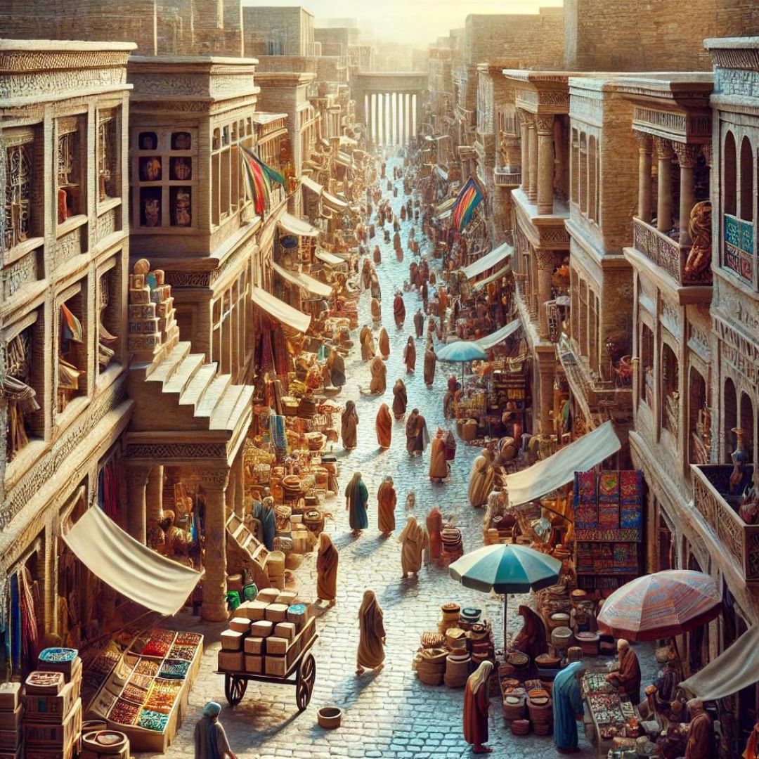 A colorful and bustling ancient Uruk street scene with merchant tents, vibrant fabrics, and historical Mesopotamian architecture.