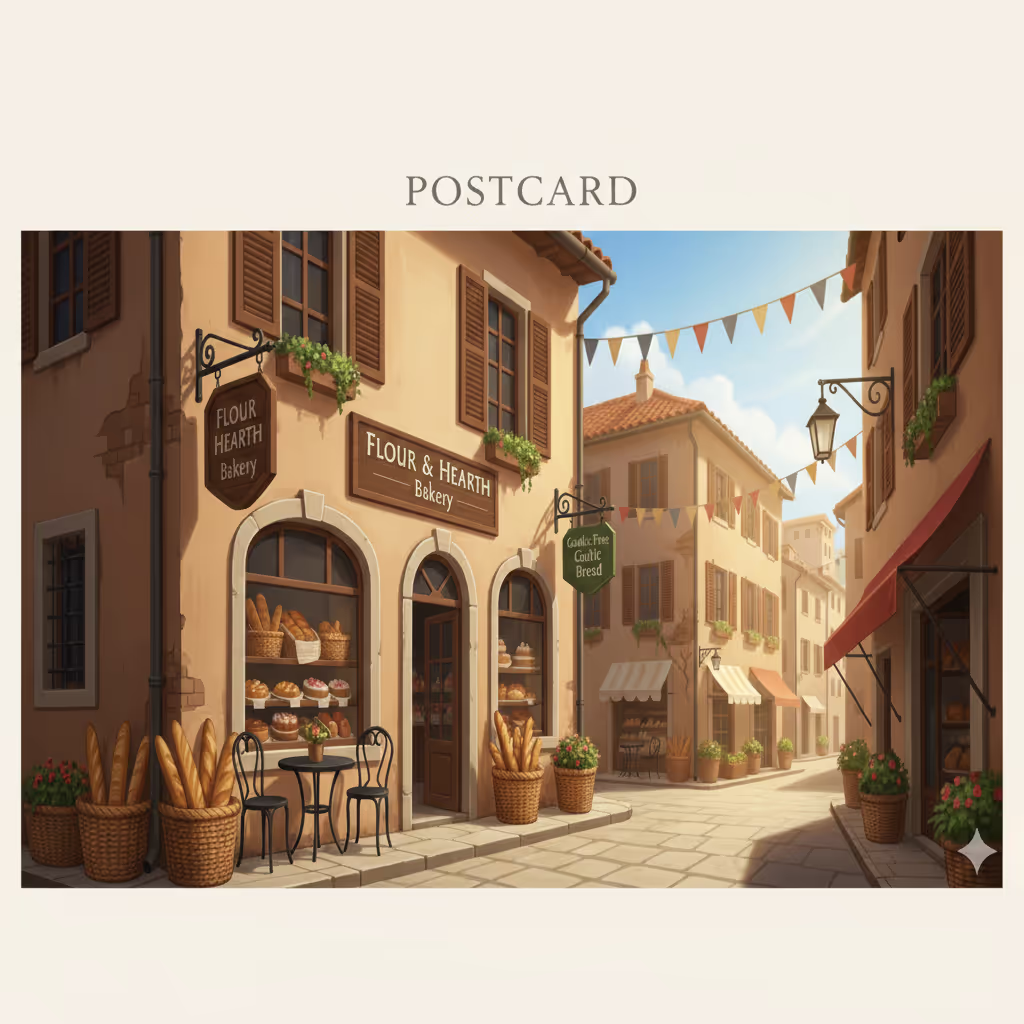 A charming street scene featuring the 'Flour & Hearth Bakery' with large windows displaying pastries and bread, and woven baskets of baguettes outside. A small table with two chairs sits on the sidewalk. Other light-colored buildings line the sunny street, which is decorated with a string of colorful flags overhead.