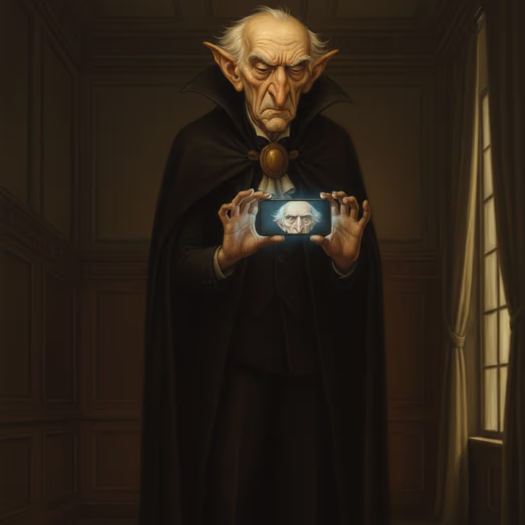 A detailed digital illustration of an annoyed vampire Count in a high-collared black cape staring at a glowing smartphone held horizontally. He looks bewildered and puzzled by the modern device in a d