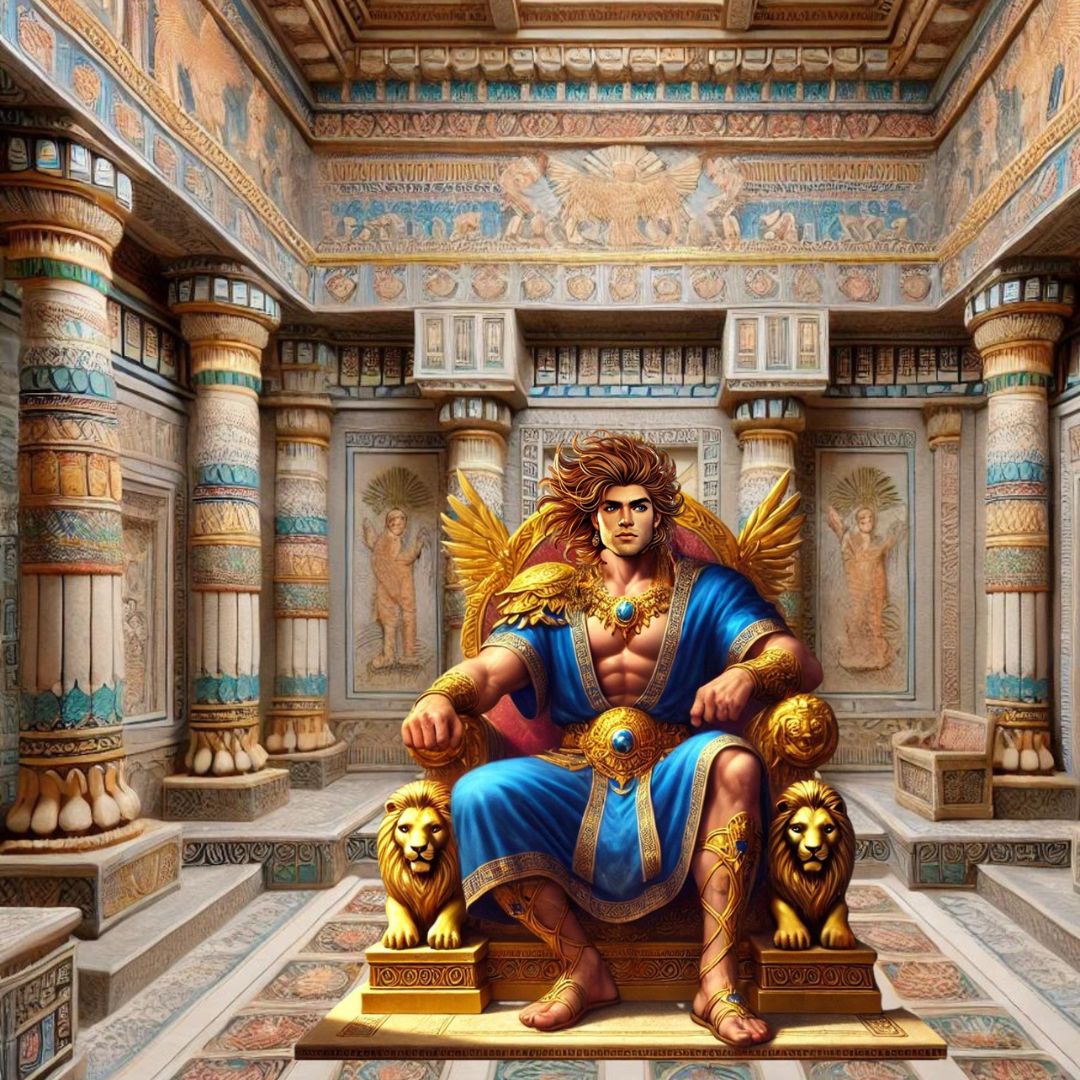 A semi-realistic oil painting of King Gilgamesh sitting on a grand golden throne in Uruk, looking bored and impulsive.