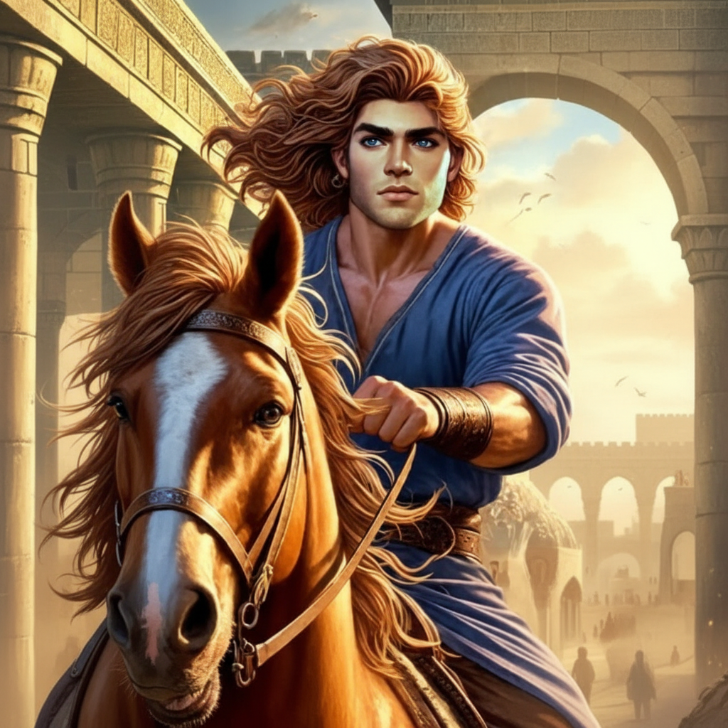 King Gilgamesh riding a powerful chestnut horse through the gates of Uruk, styled as a classical oil painting illustration.