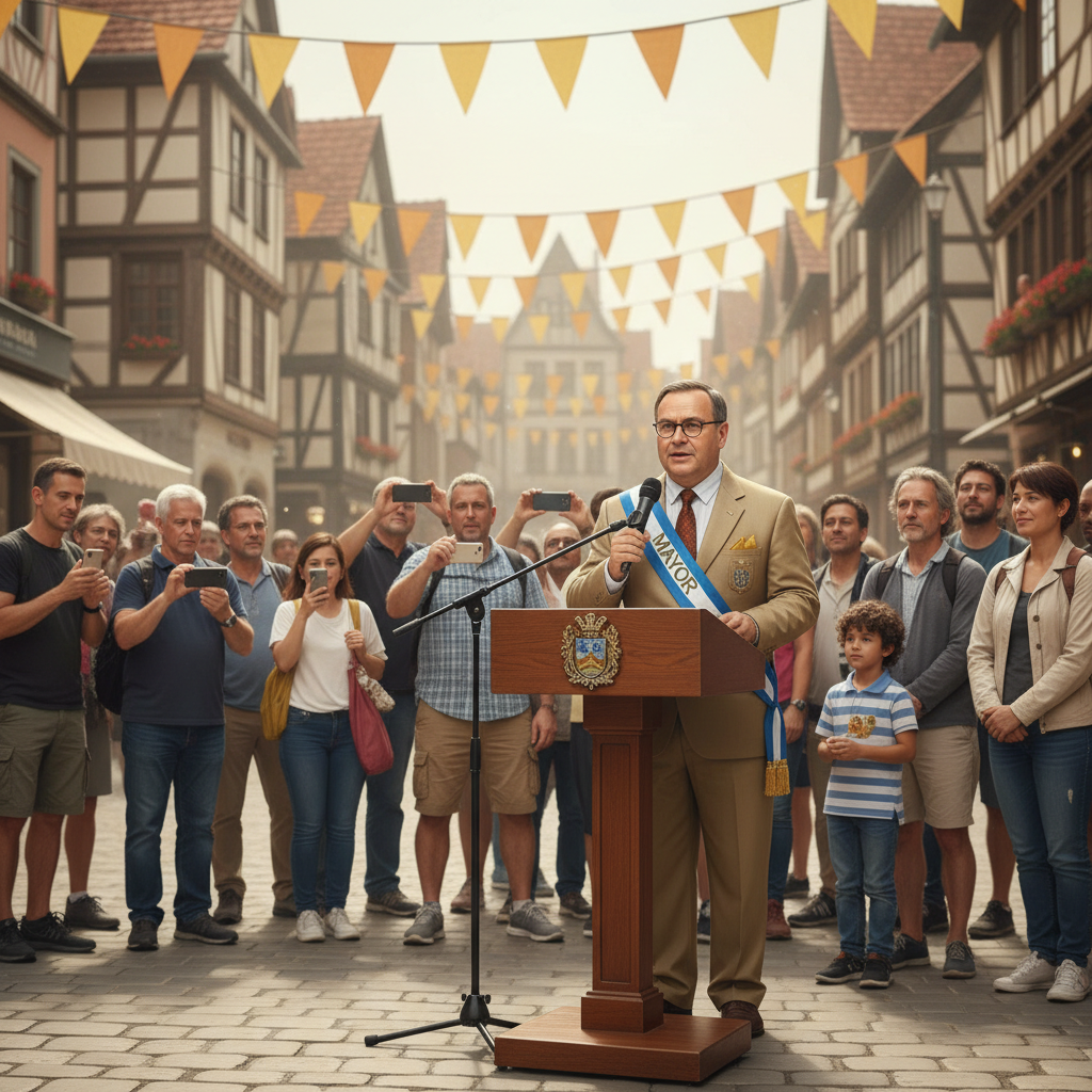 Mayor Oscar Allegrius in a colorful suit greeting a crowd of tourists.
