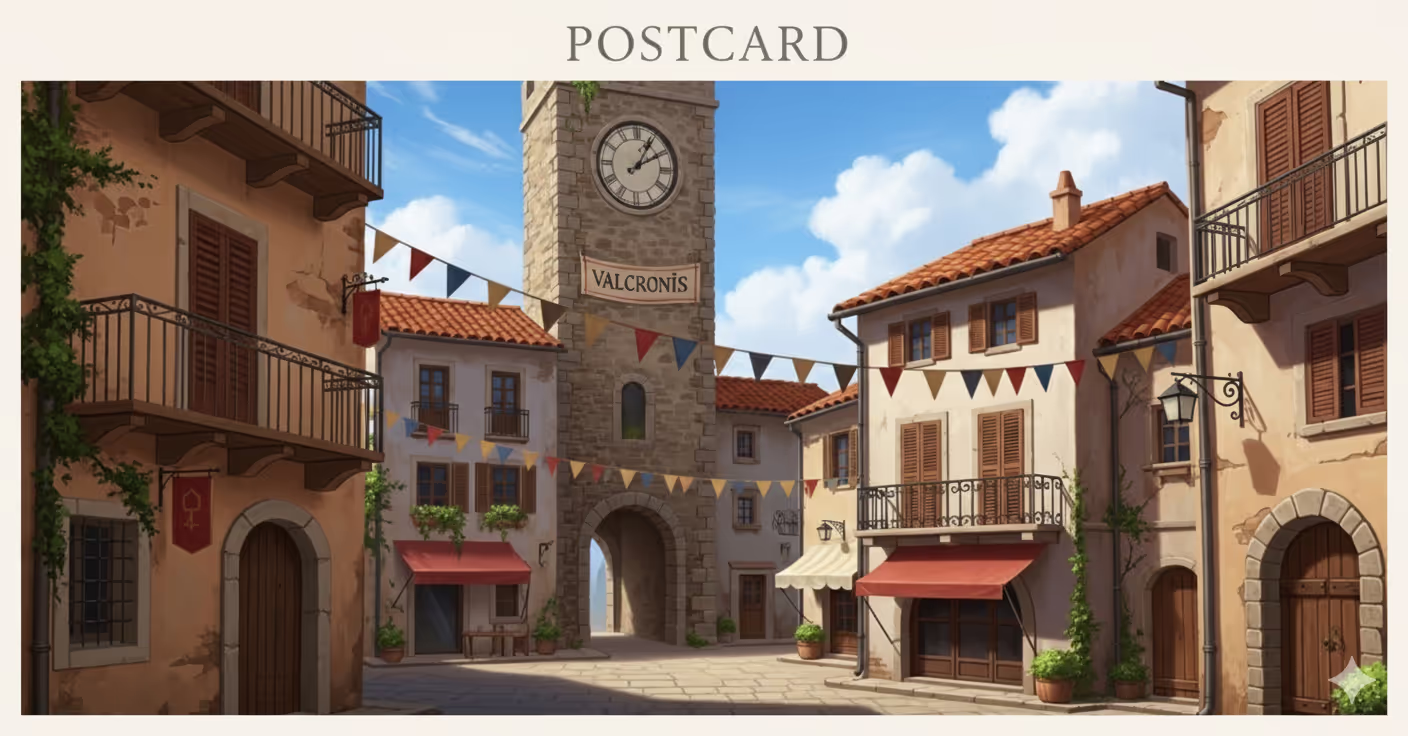 Vintage-style postcard of Valcronis with neon lights and a Gothic castle.