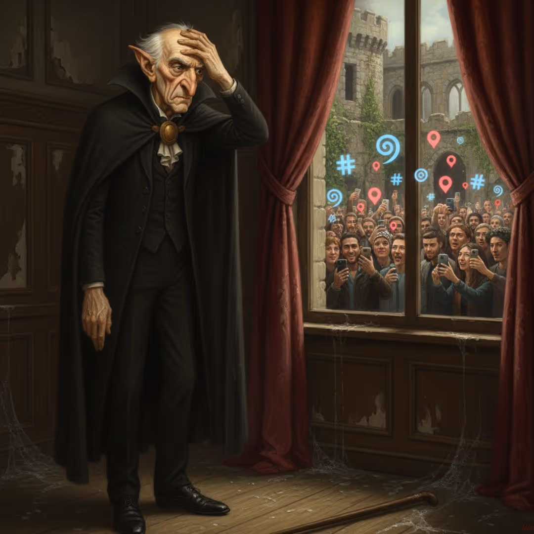 Showing Grumpy Dracula's guide modern technology, holding his head in distress. He looks out a window at a large crowd of smiling people, many holding up smartphones, seemingly taking pictures of him.
