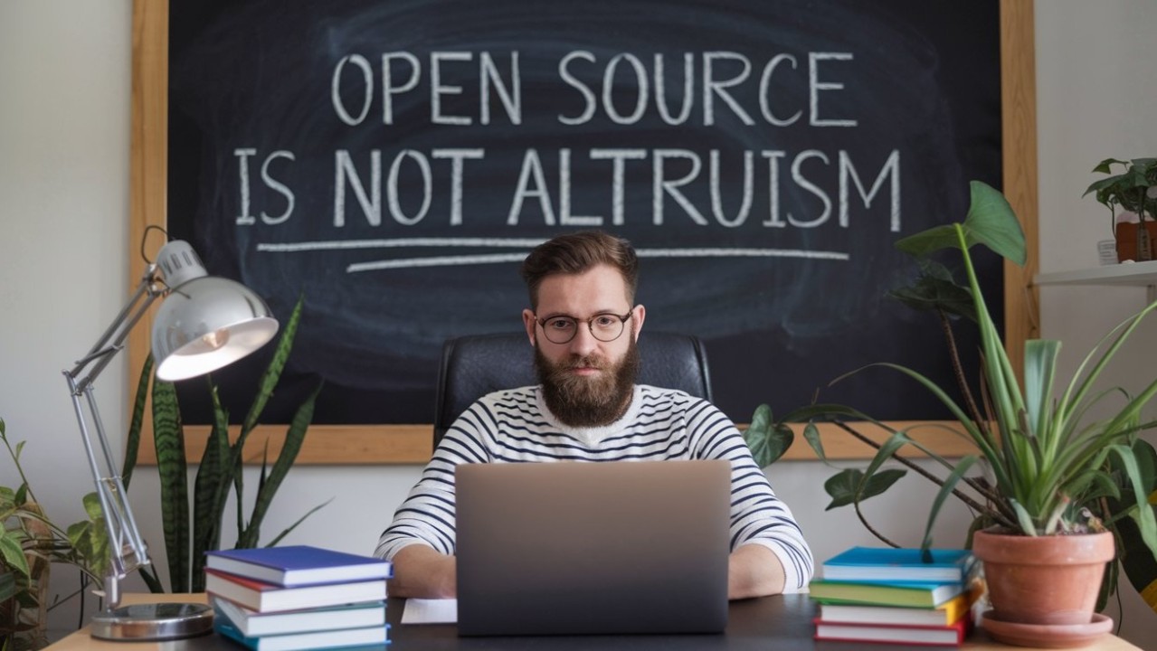 A man with a beard and glasses, wearing a striped shirt, sitting at a desk with a laptop in front of him. Behind him is a blackboard with 'OPEN SOURCE IS NOT ALTRUISM' written on it in white chalk.