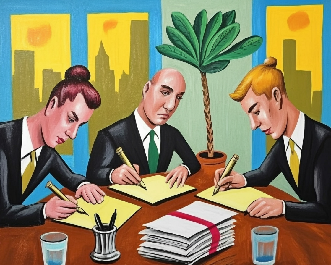 a painting depicting three individuals seated around a semi-circular wooden table, engaged in writing or signing documents. The perspective is slightly elevated, looking down at the table. Behind them