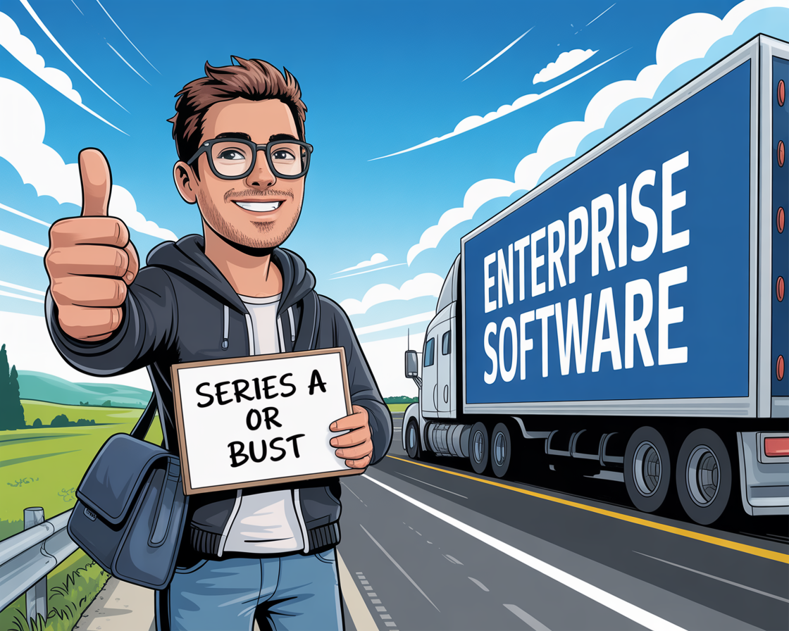 A young entrepreneur hitchhiking, holding a sign that reads, 'Series A or Bust' as a truck labeled 'Enterprise Software' rushes by