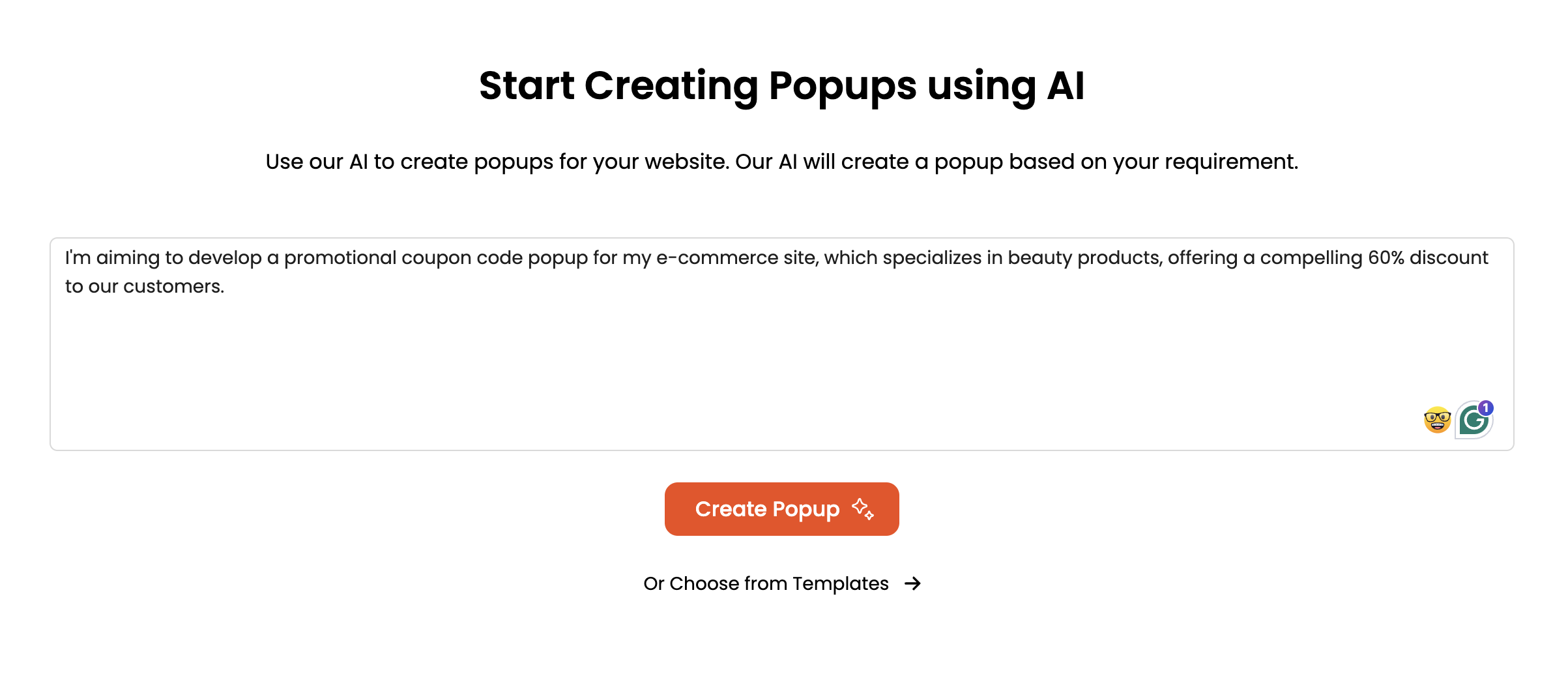Create coupon code popup using AI
