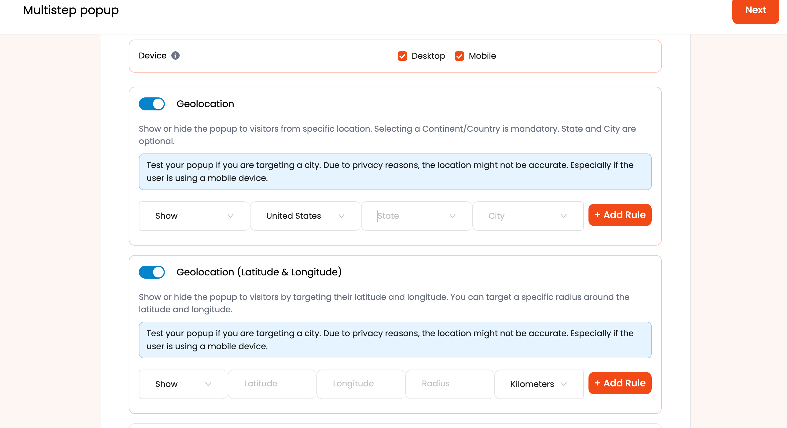 Geo-location targeting for multi-step popups