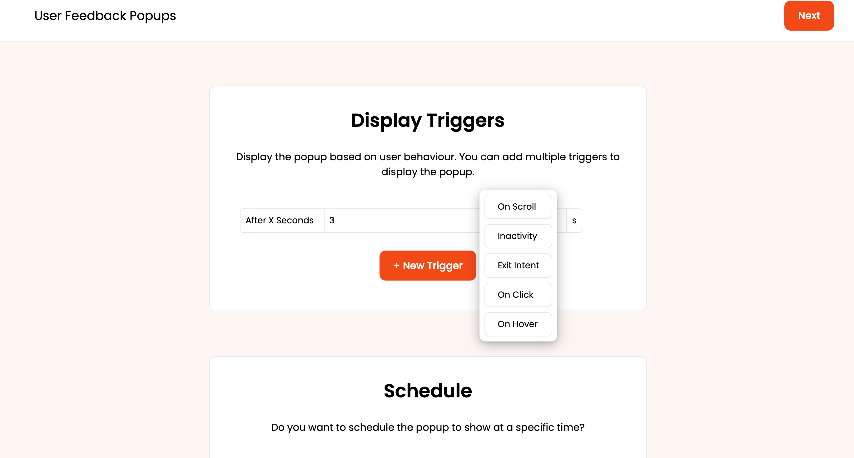 Triggers for feedback Popup