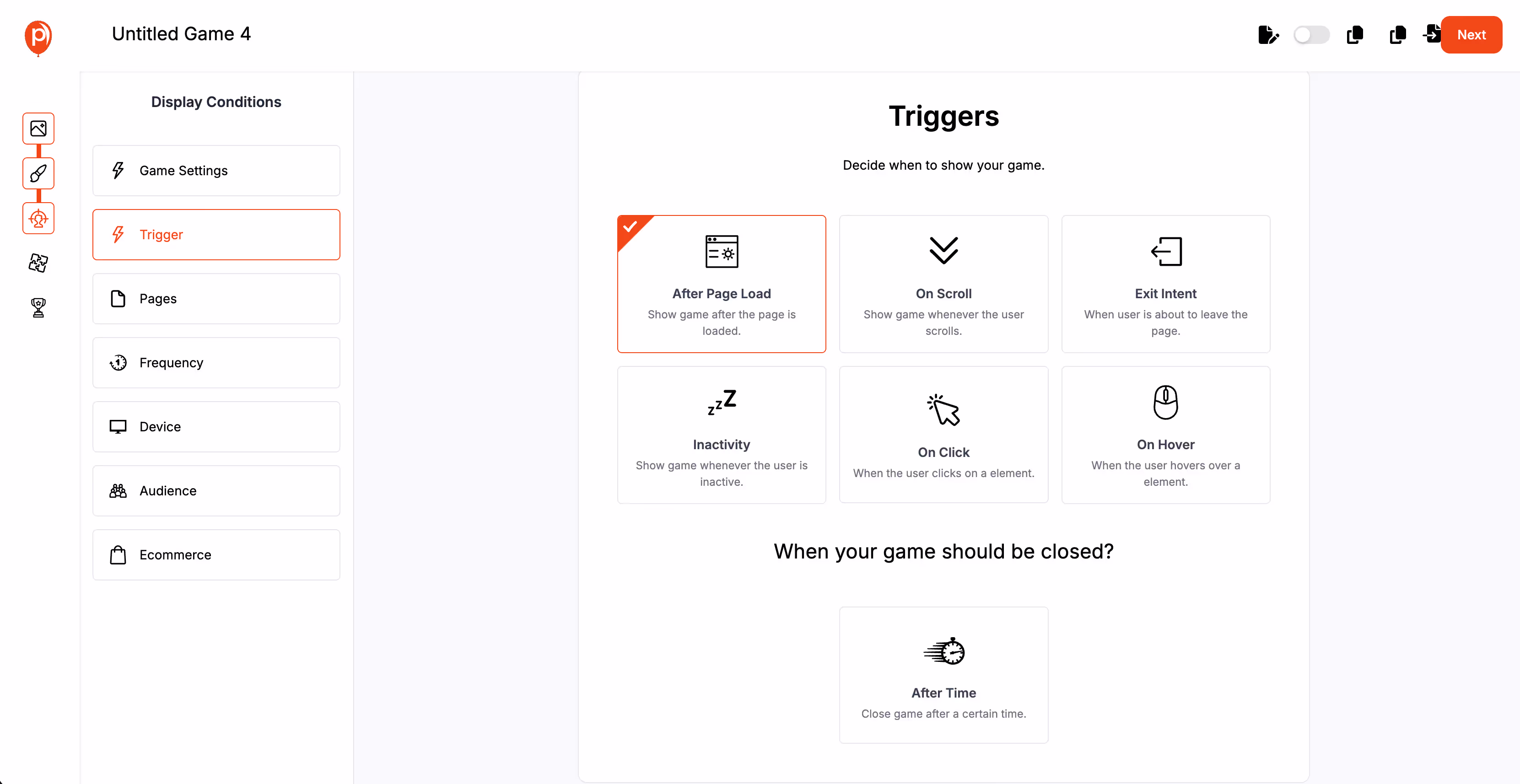 Setting Triggers for full screen popup