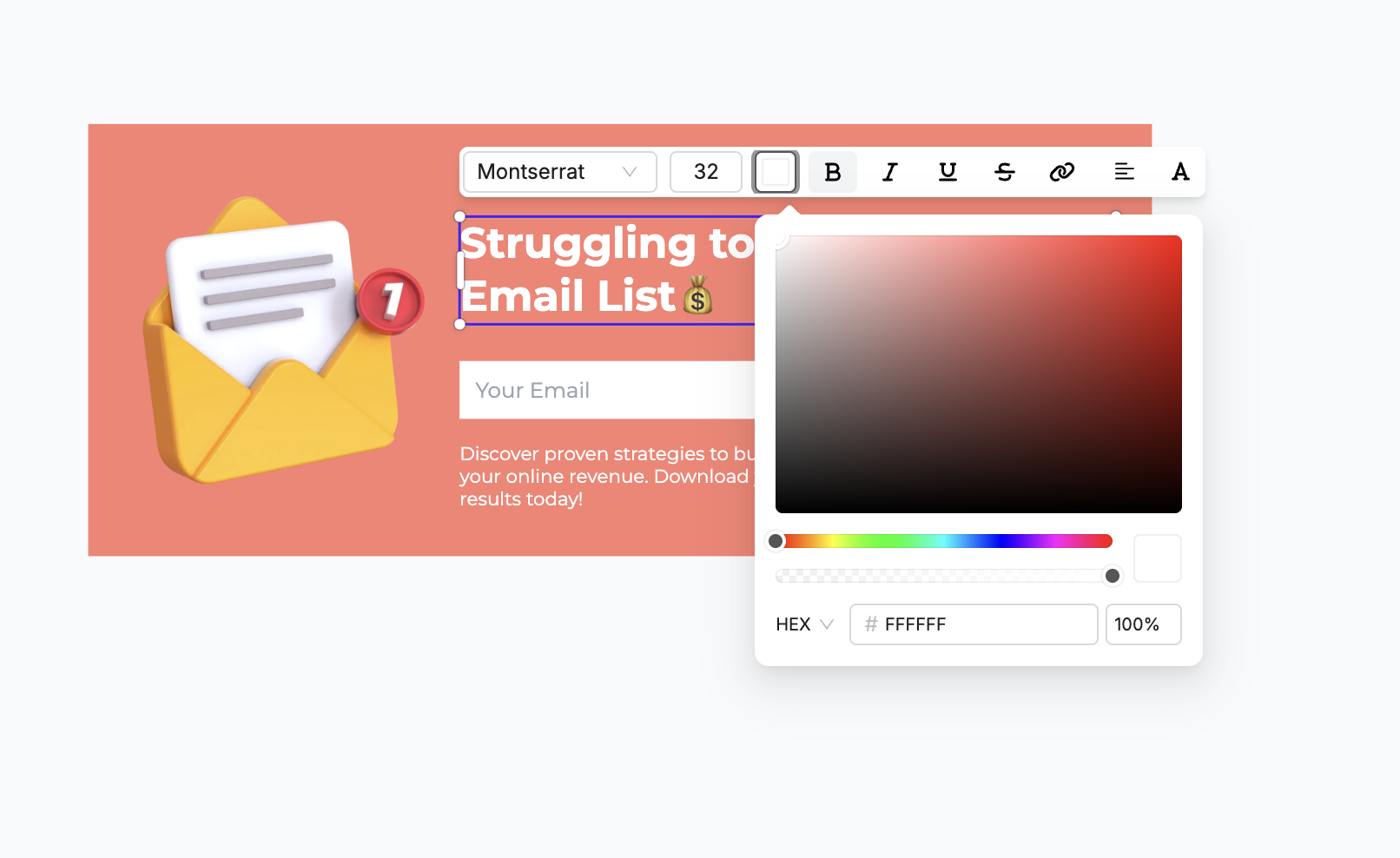 A screenshot of a design tool interface where a user is editing an email signup form.