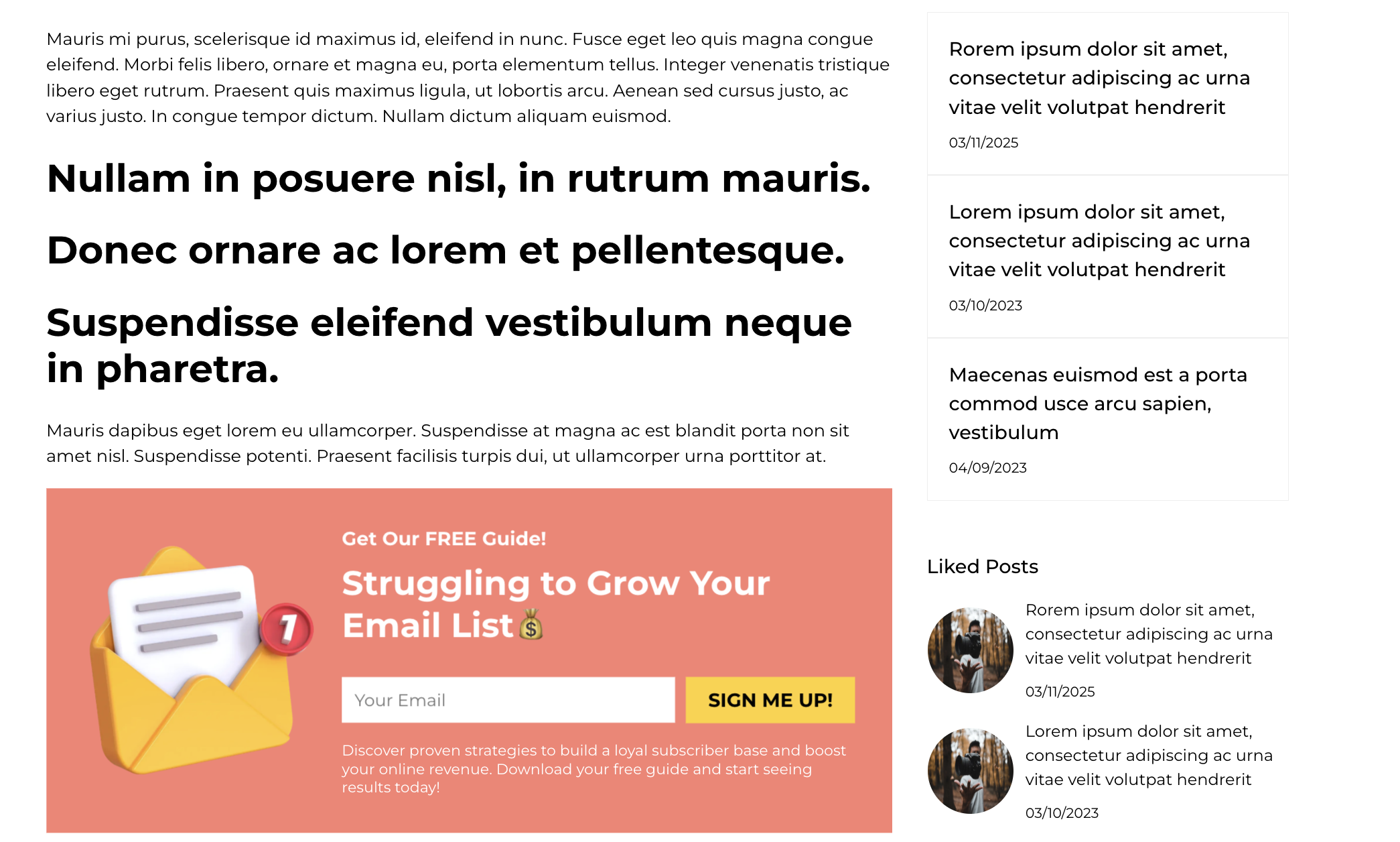 A screenshot of a blog post layout with a main content area on the left and, at the end, displaying the inline pop-up.