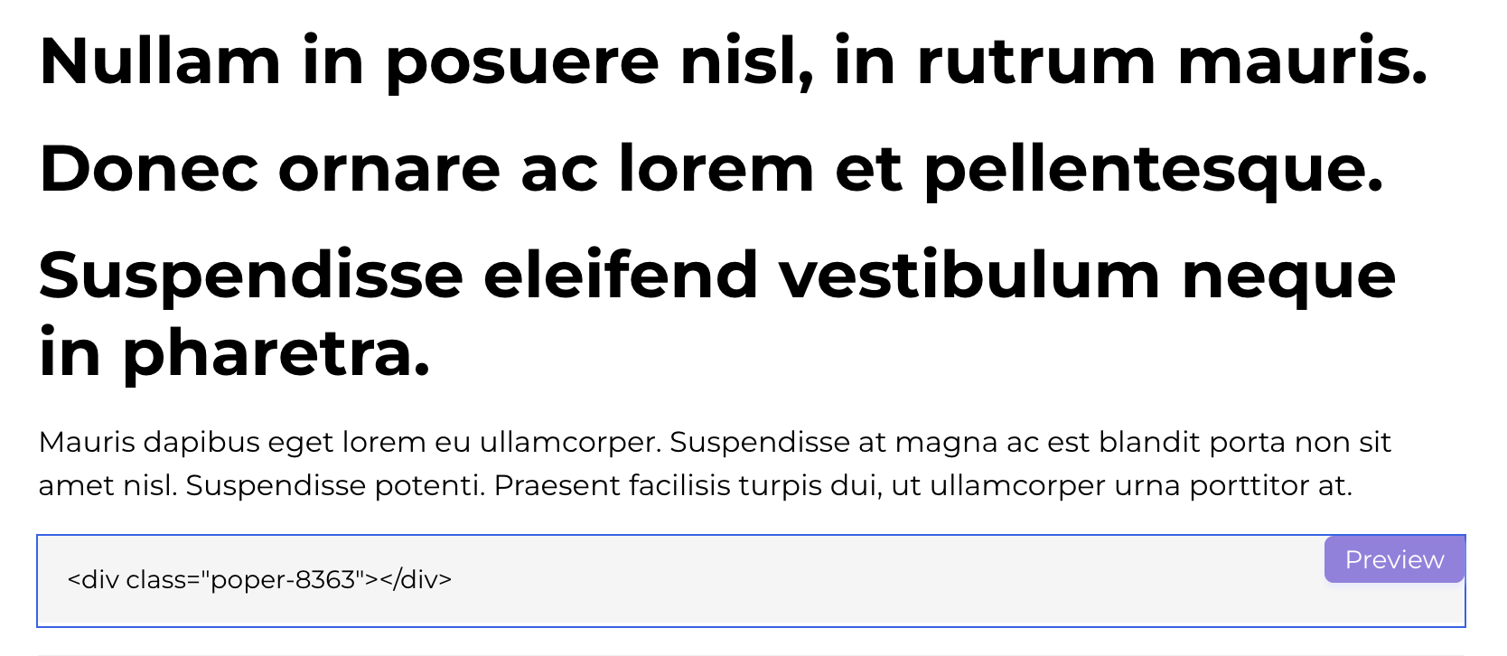 A screenshot of a user interface displaying placeholder text and an HTML code editor.