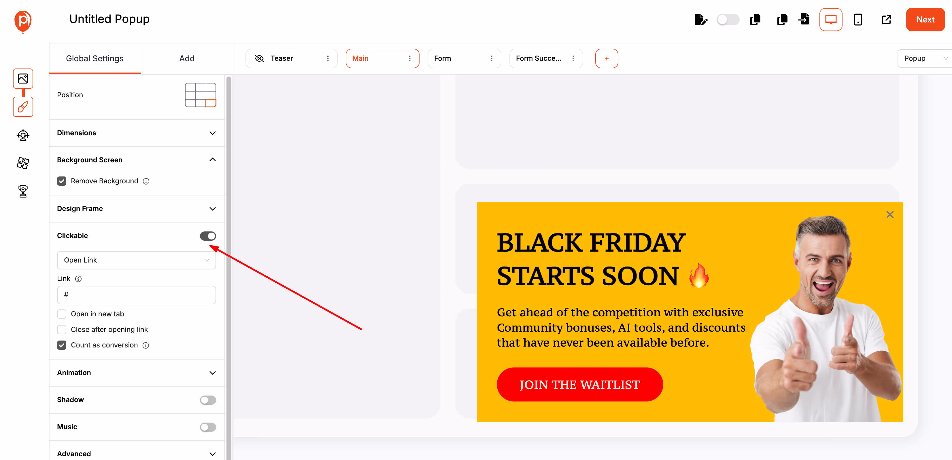 A screenshot of a popup builder interface, with a red arrow pointing from the 'Clickable' toggle option in the left-side menu to the popup preview on the right, demonstrating how to make the entire popup a single link.