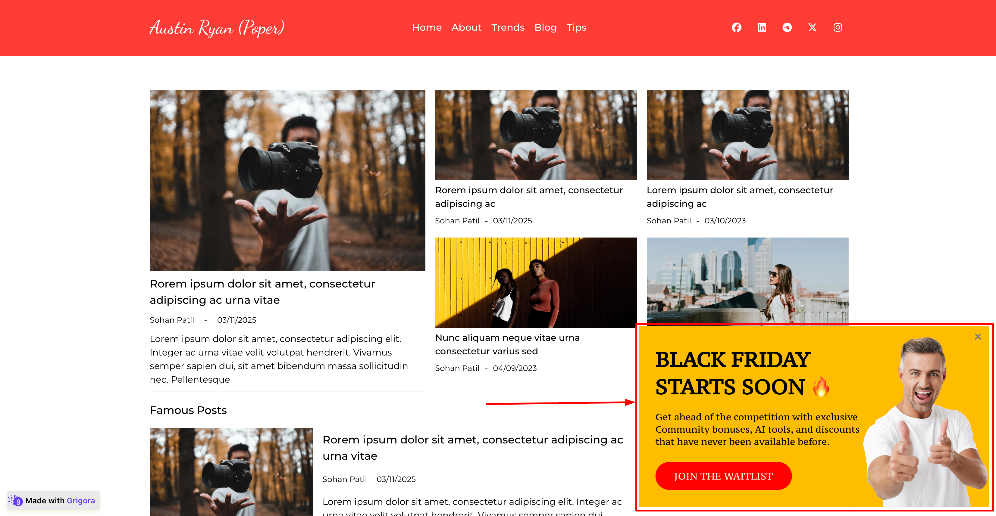 A screenshot of the blog homepage, showing a grid of articles. A red arrow points to a bright yellow pop-up ad in the bottom right corner, which is for a Black Friday promotion. The ad features an enthusiastic man giving two thumbs up and a 'JOIN THE WAITLIST' call-to-action button.