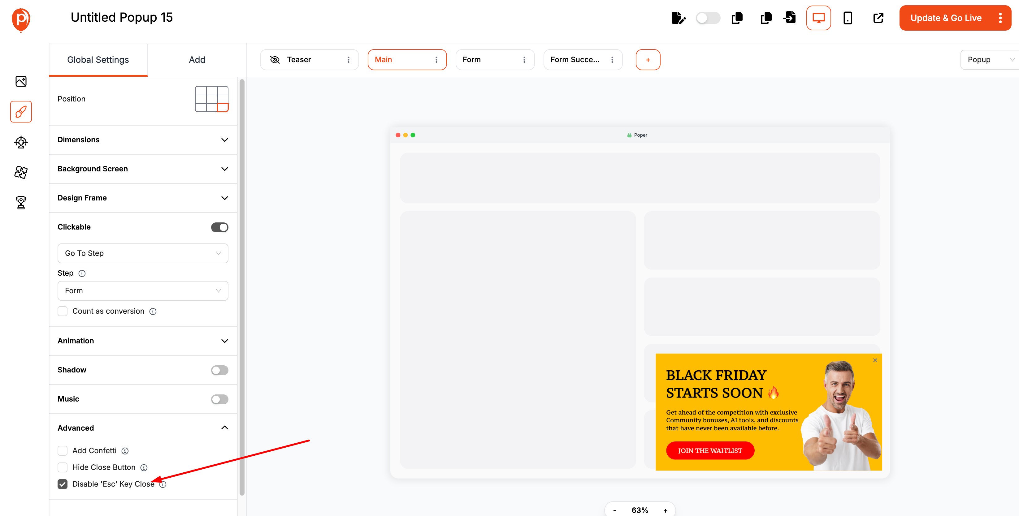 Disable 'Esc' Key to Close