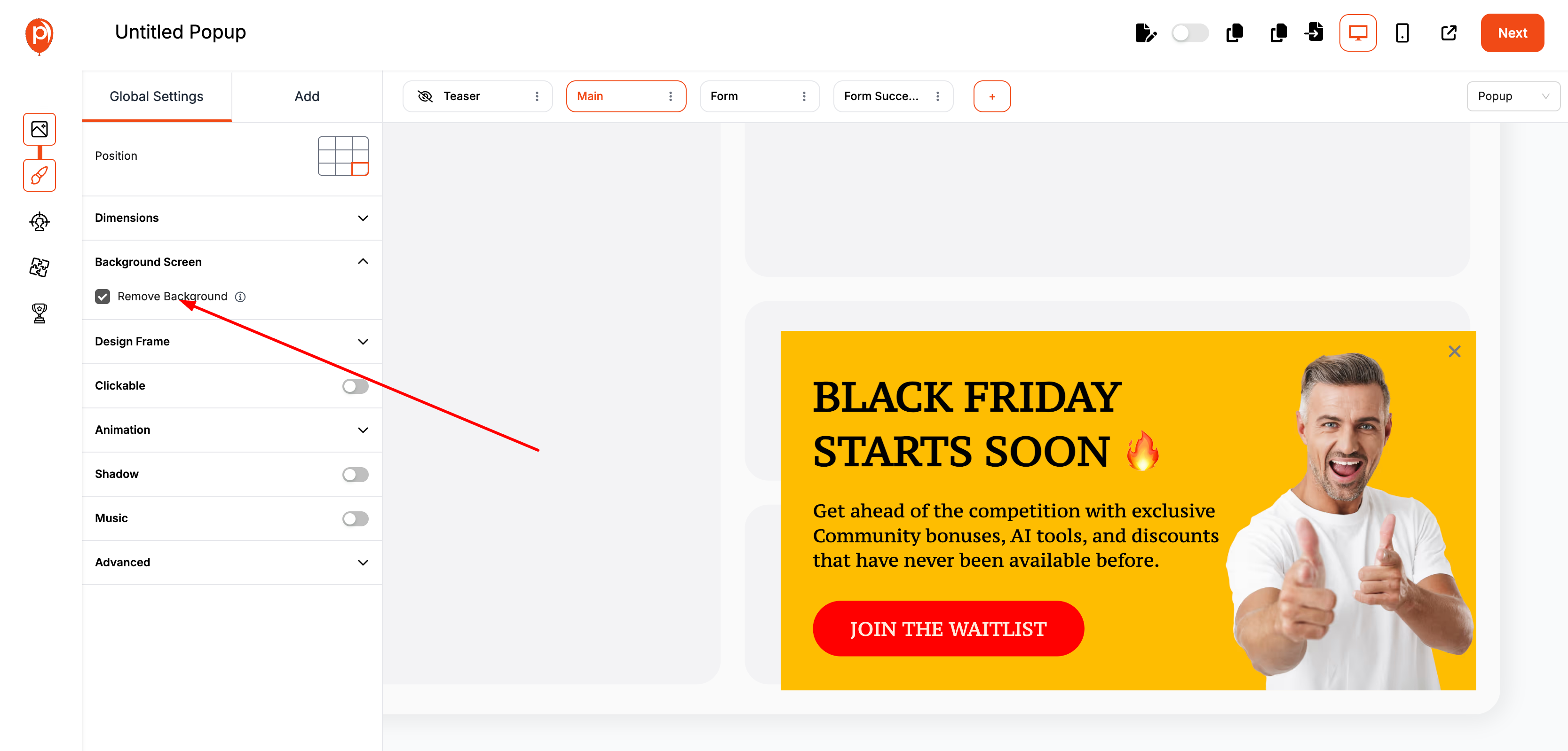A screenshot of a popup builder interface. A settings panel on the left has the 'Remove Background' option checked. A red arrow points from this setting to a preview of a 'Black Friday Starts Soon' promotional popup on the right, demonstrating the feature.