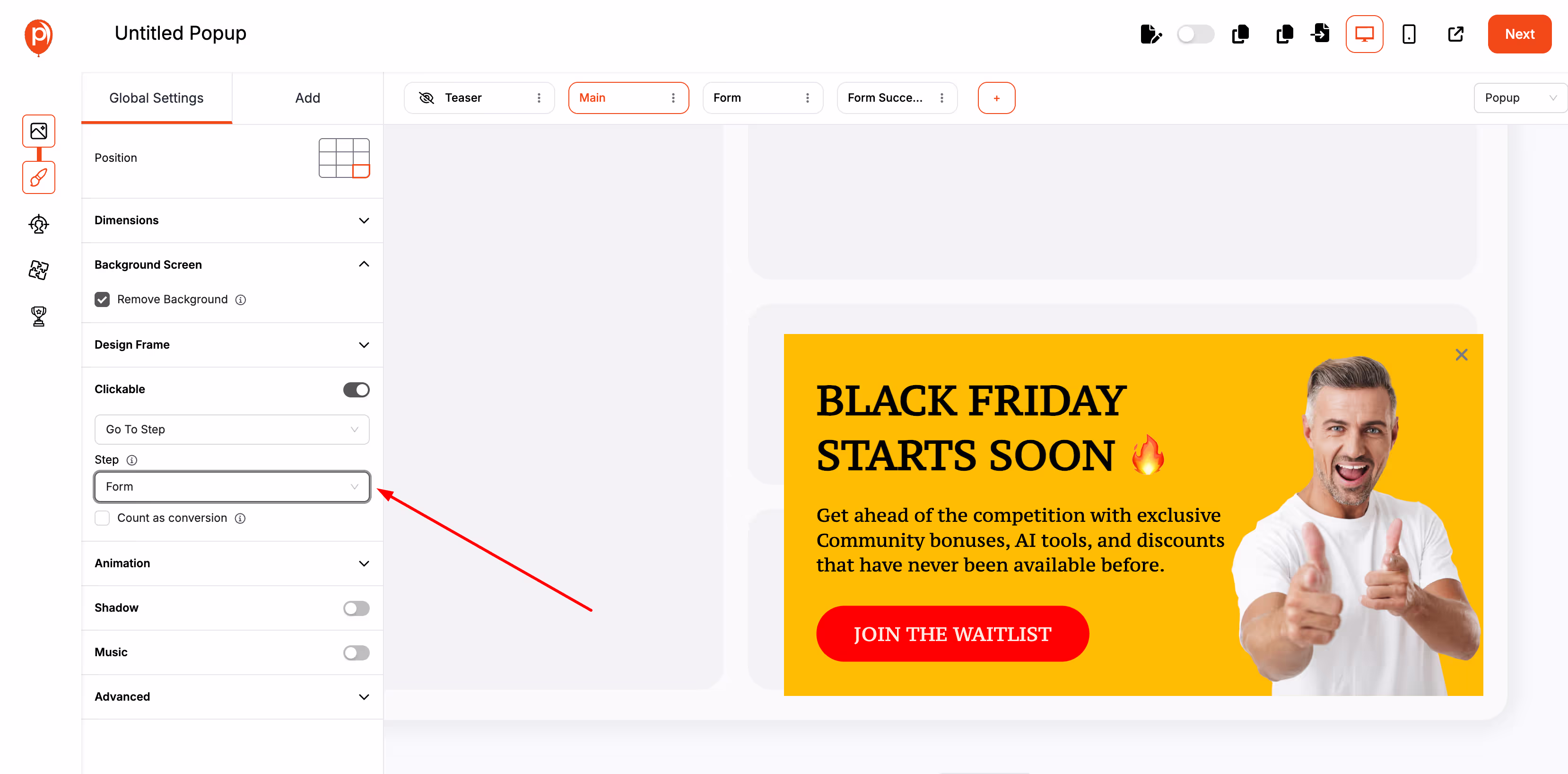 A screenshot of a web-based popup builder interface to set two.