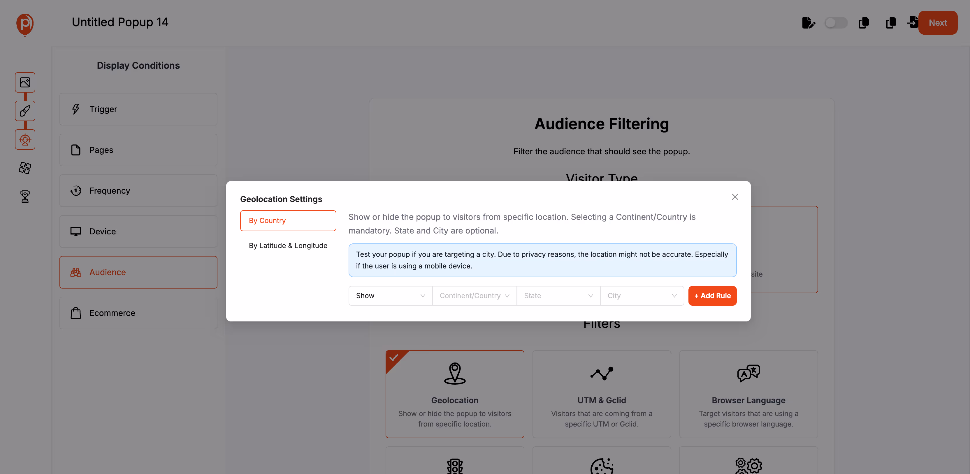 Geo-location targeting for multi-step popups