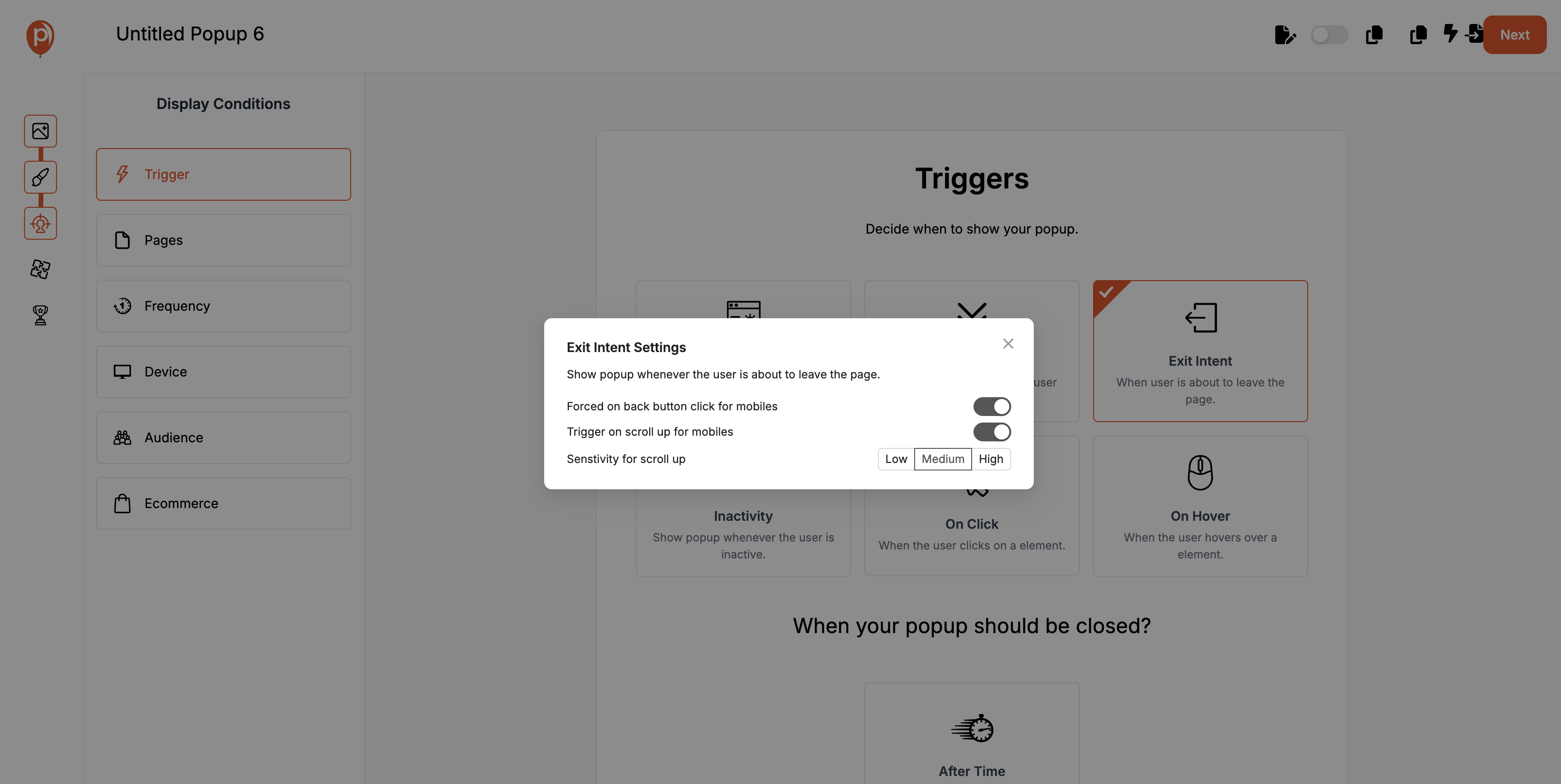 Set Display Triggers for Exit-intent popups Set Display Triggers for Exit-intent popups
