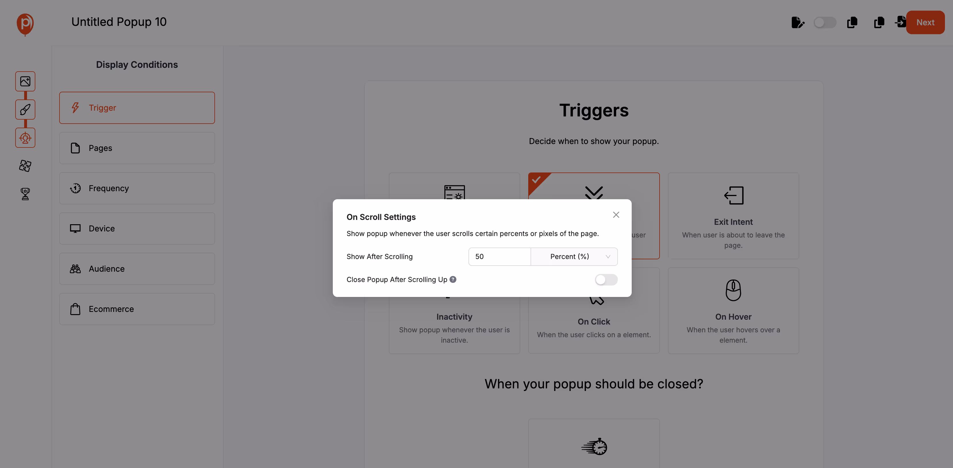 Setting Scroll trigger for your popup Setting Scroll trigger for your popup