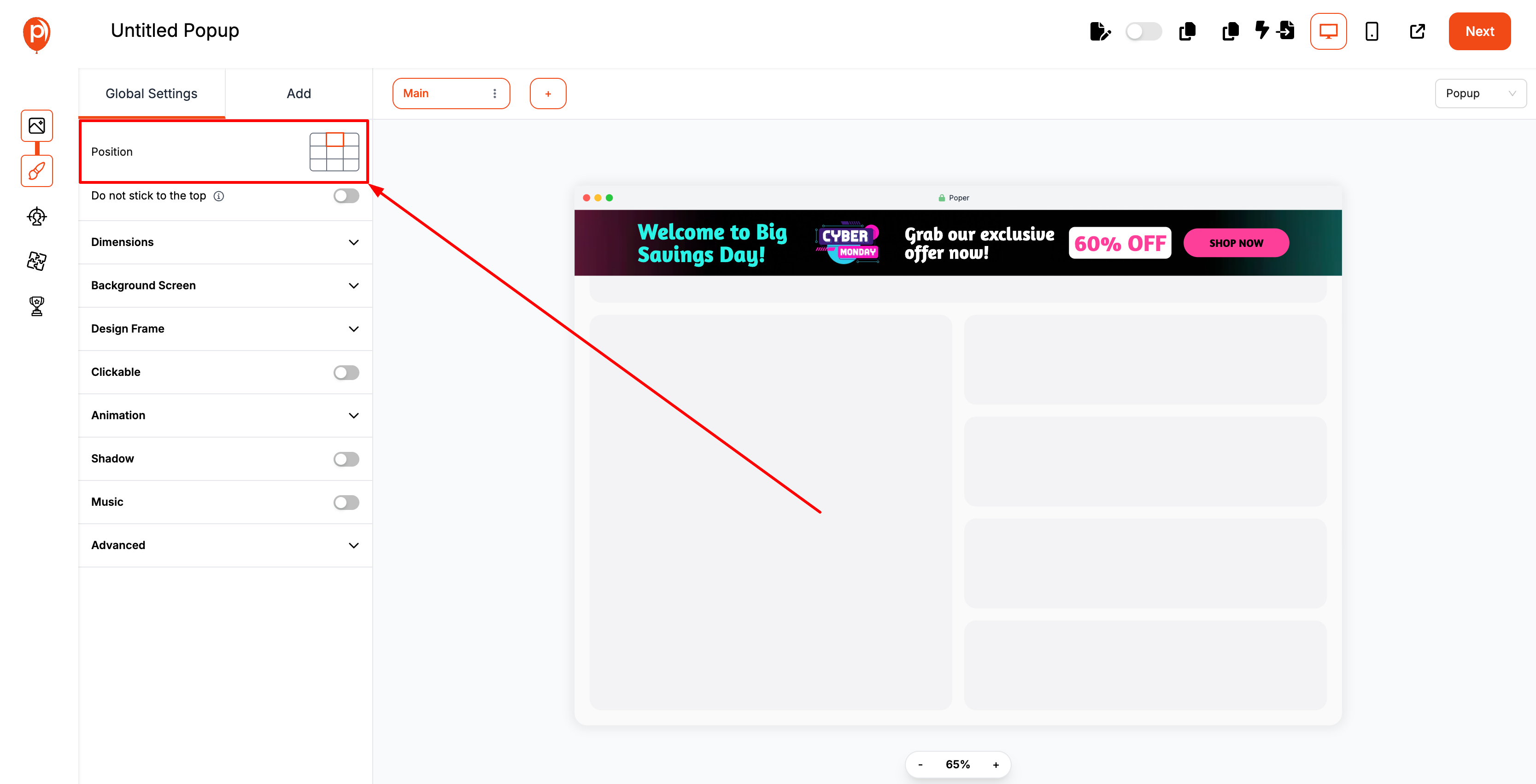 Choose placement (top, bottom, floating, etc.)