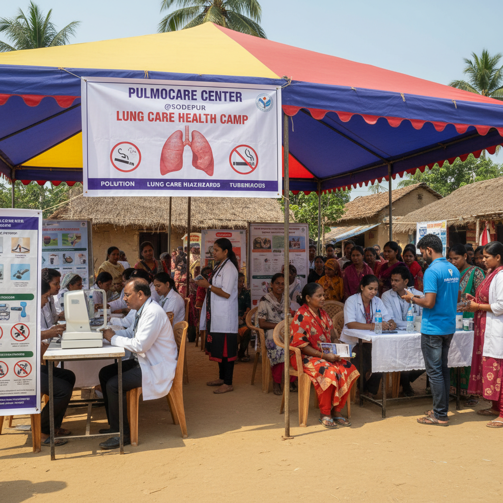 A health camp organized by PulmoCare Center, with doctors attending to community members.