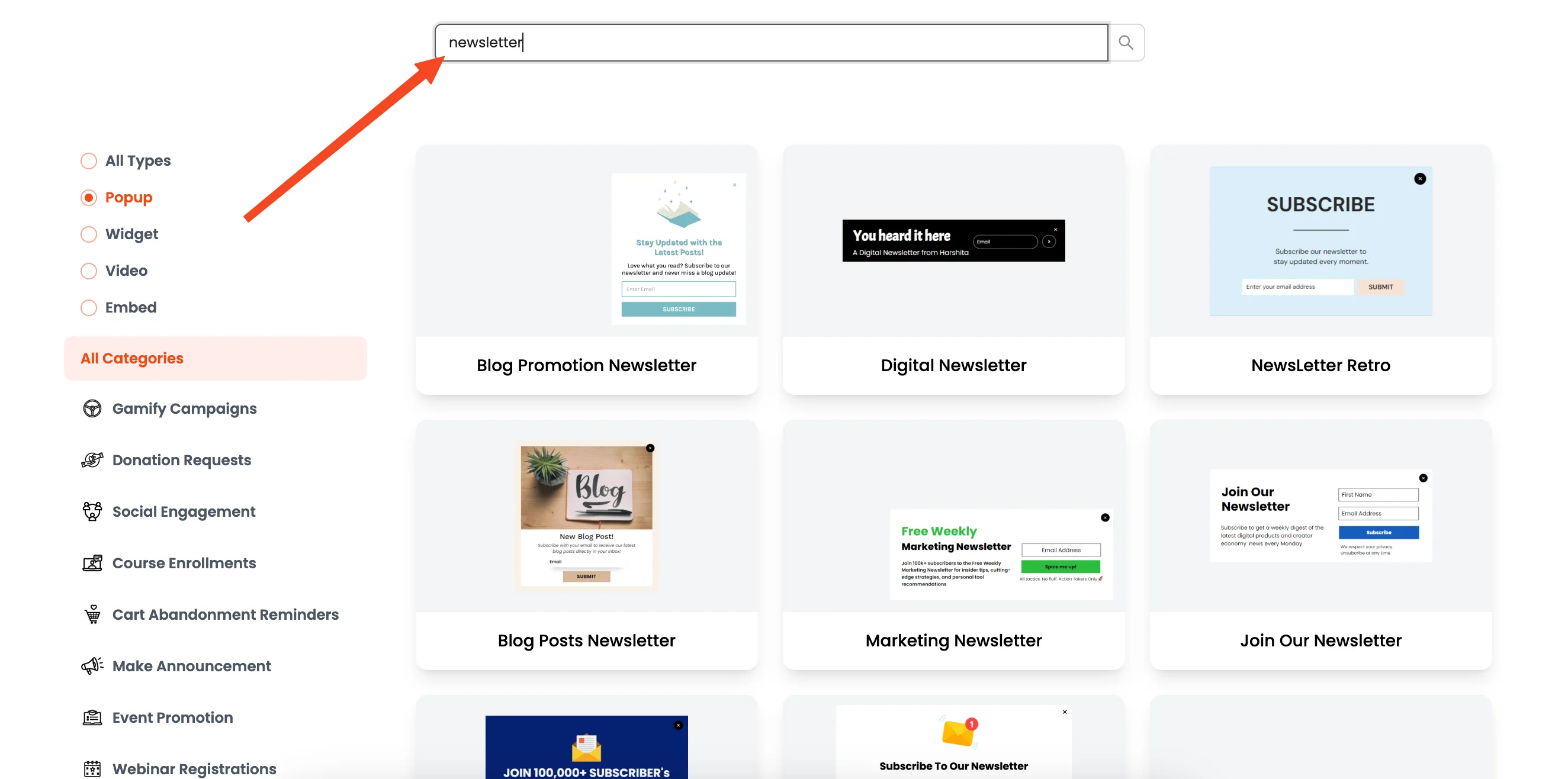 Search for newsletter popup templates