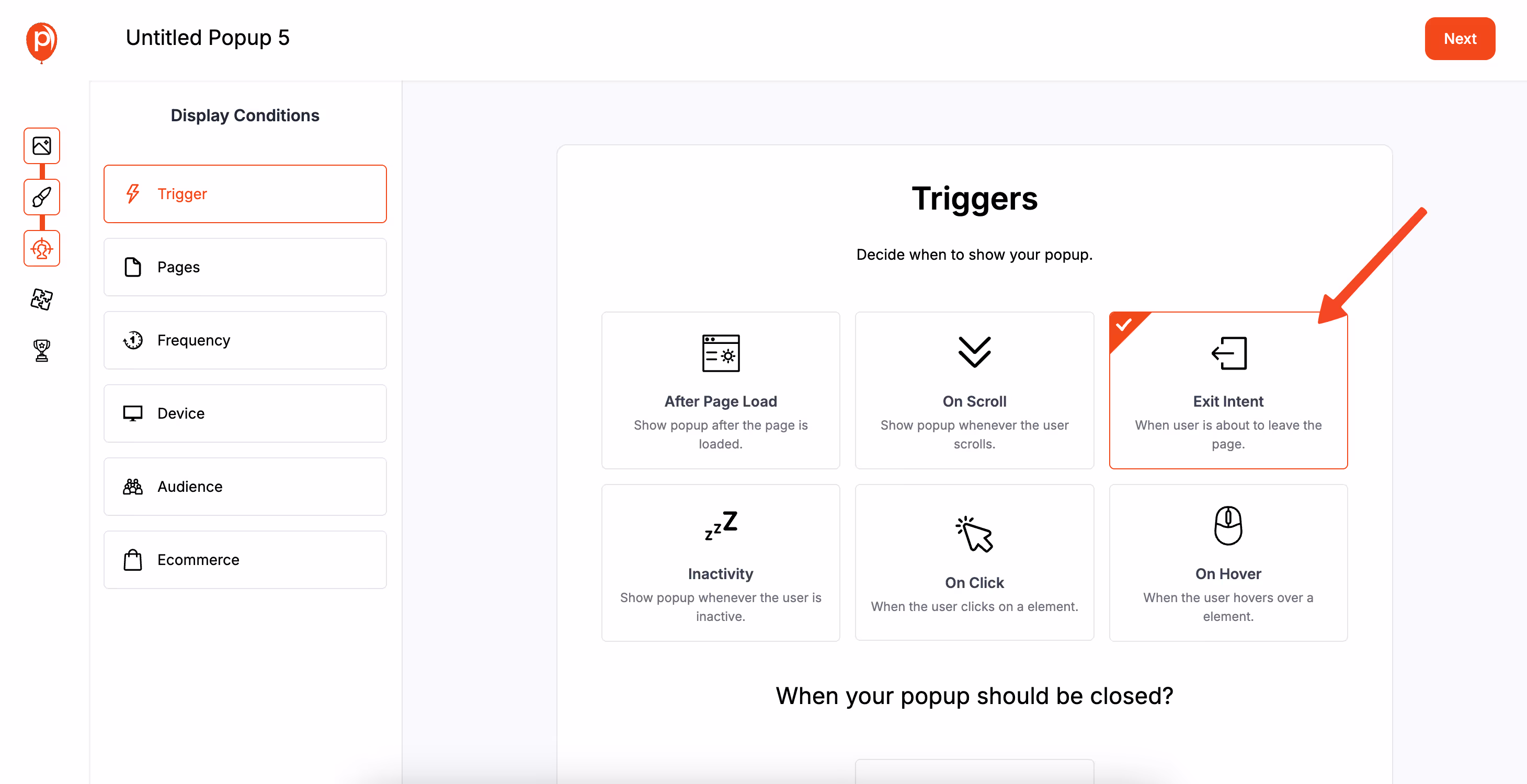 Exit Intent Trigger for Display Conditions