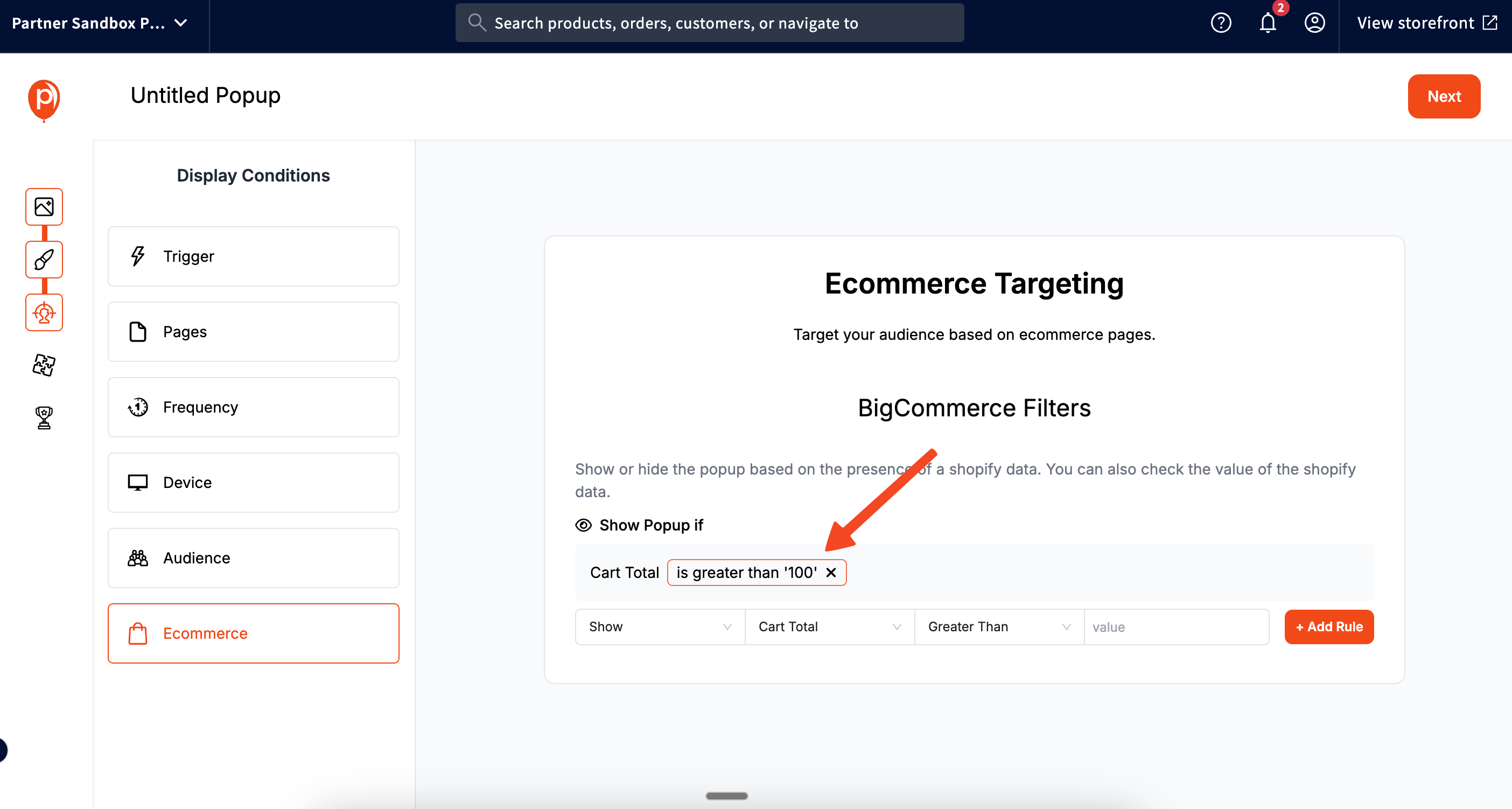 Ecommerce targeting cart total greater than 100