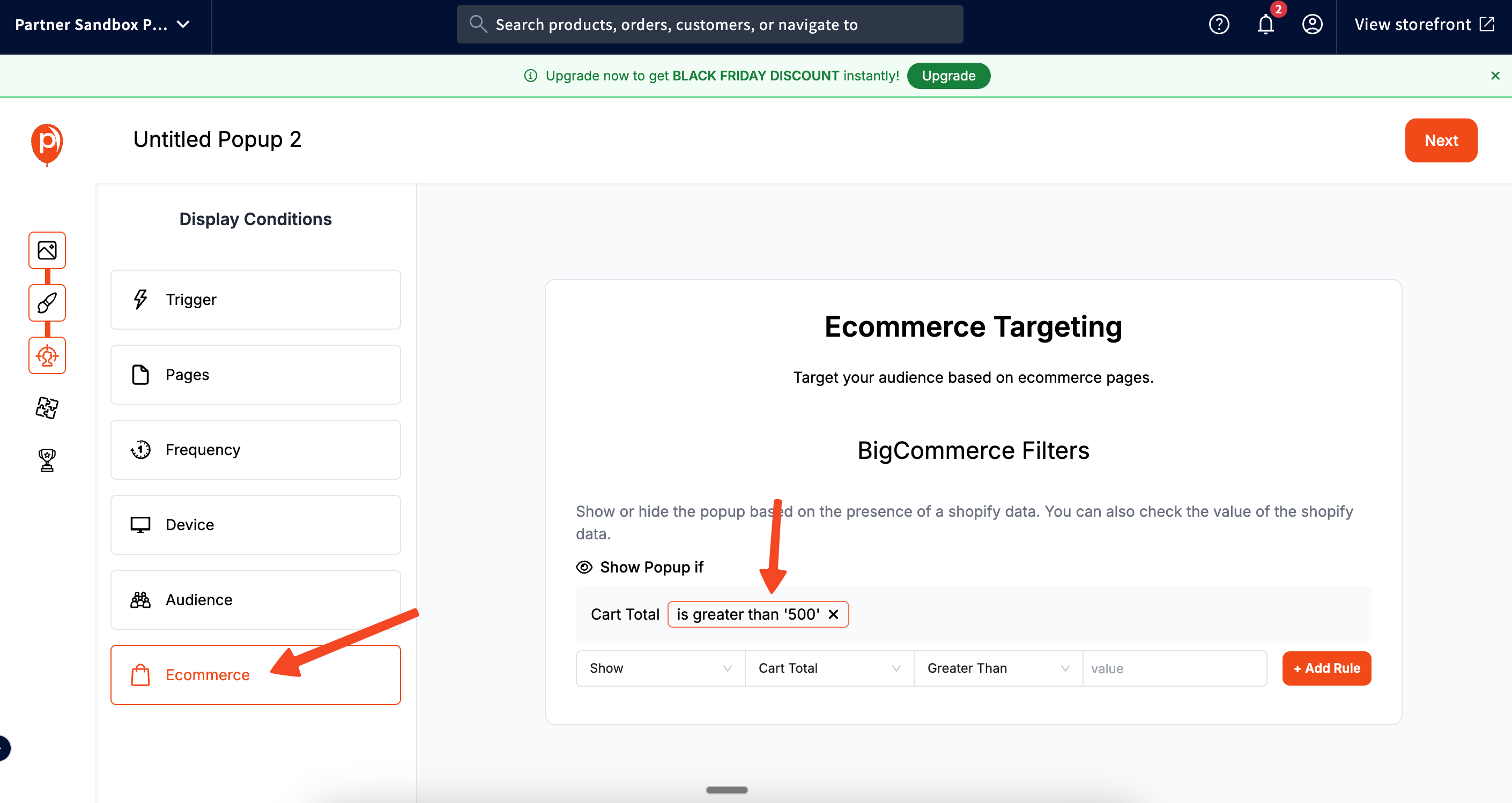 Ecommerce targeting for cart over 500$