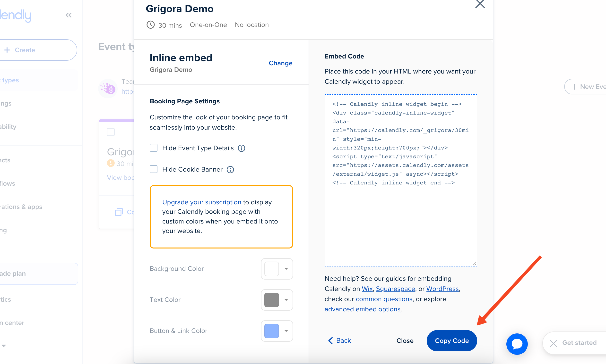 Copy Code in Calendly